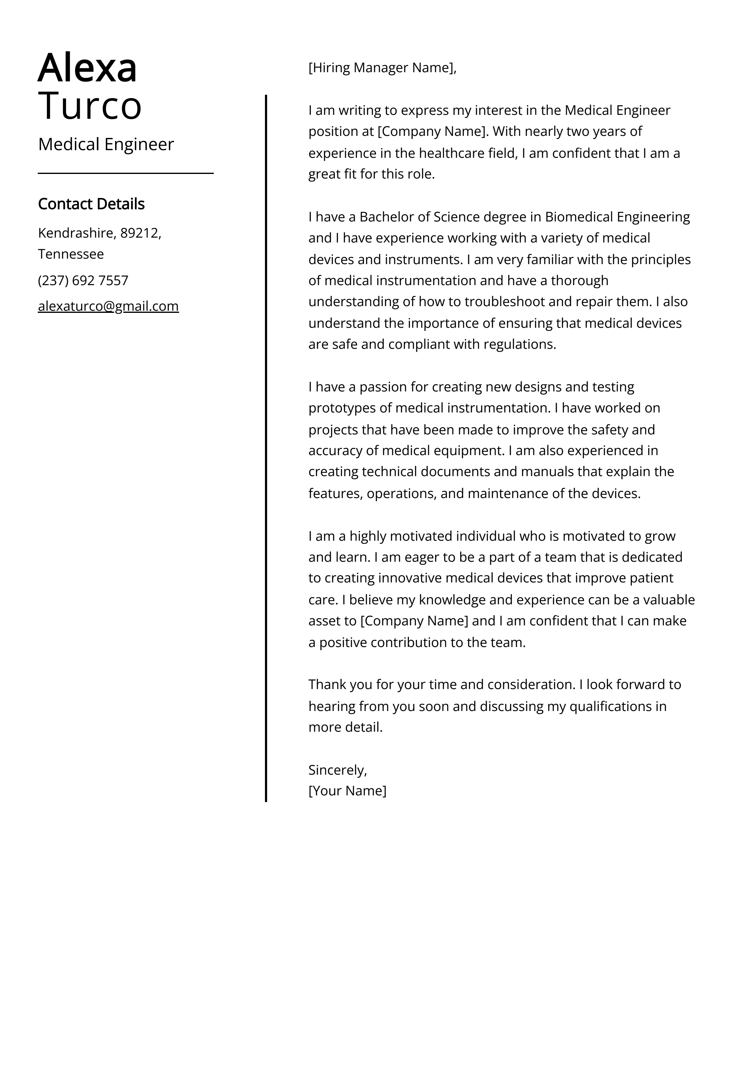 Medical Engineer Cover Letter Example