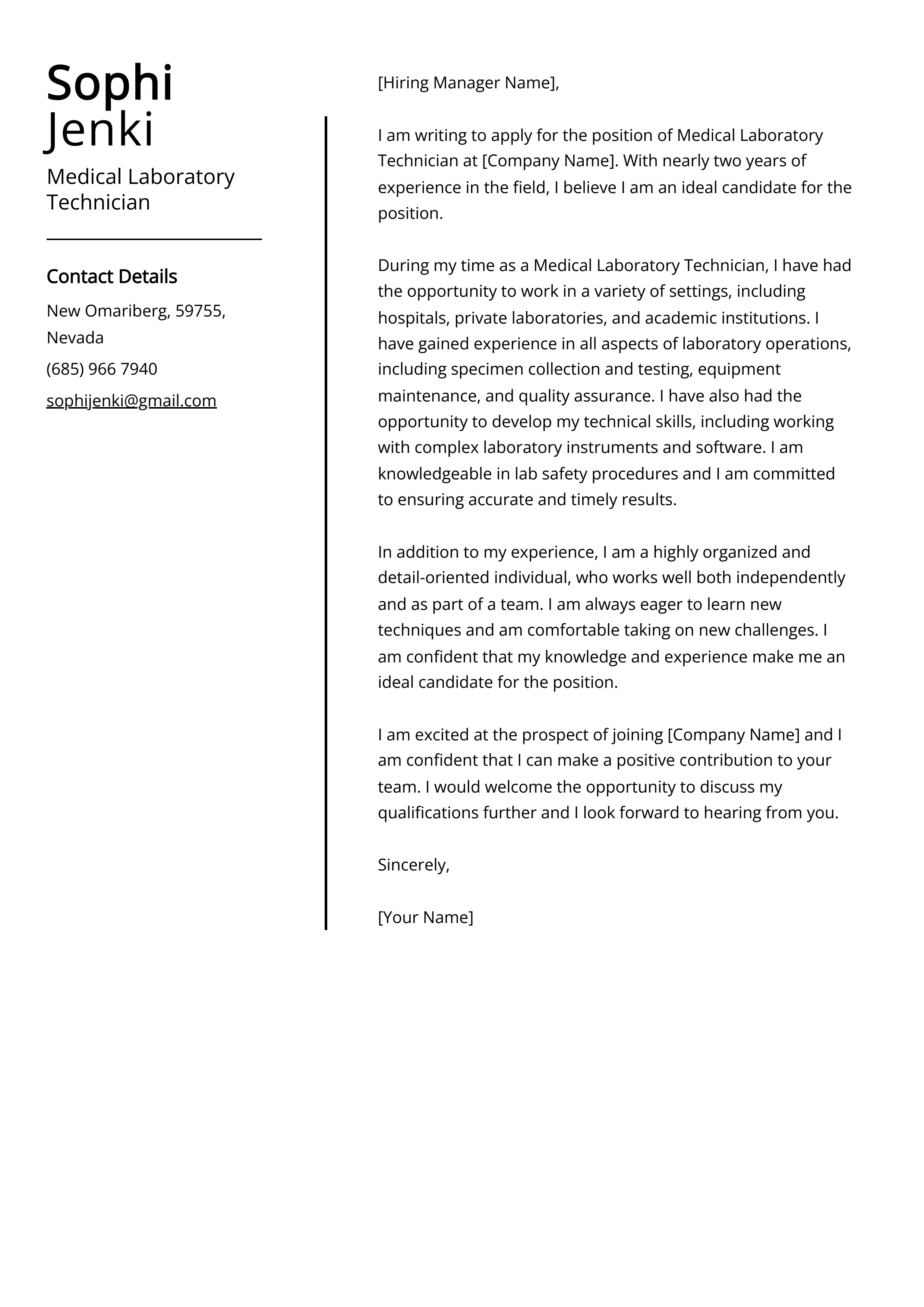 Medical Laboratory Technician Cover Letter Example