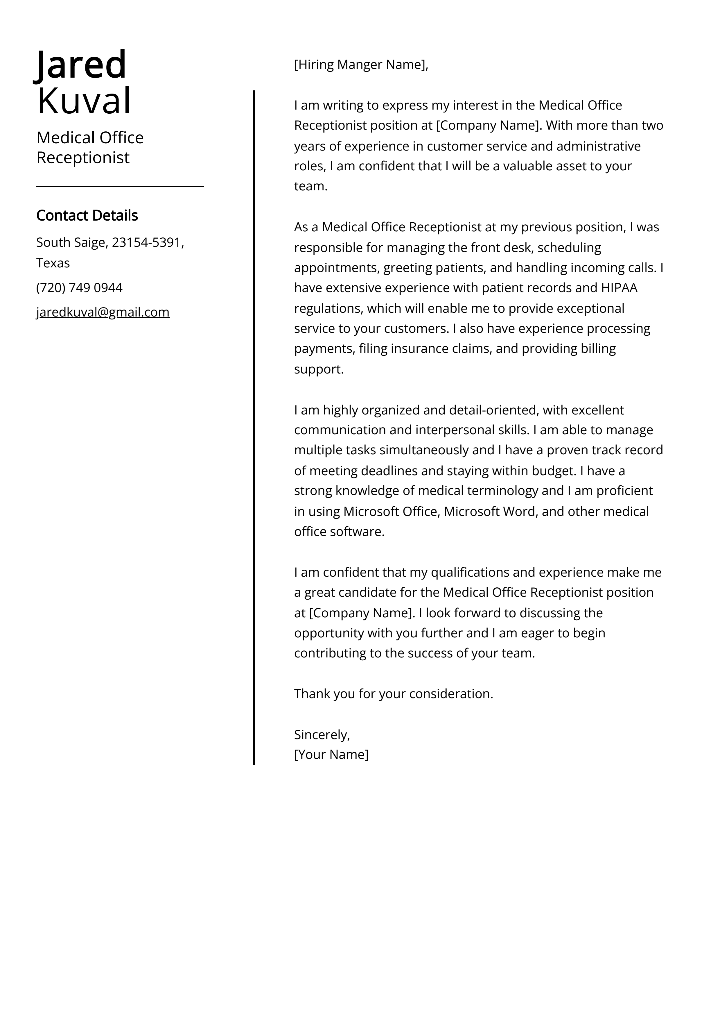Medical Office Receptionist Cover Letter Example