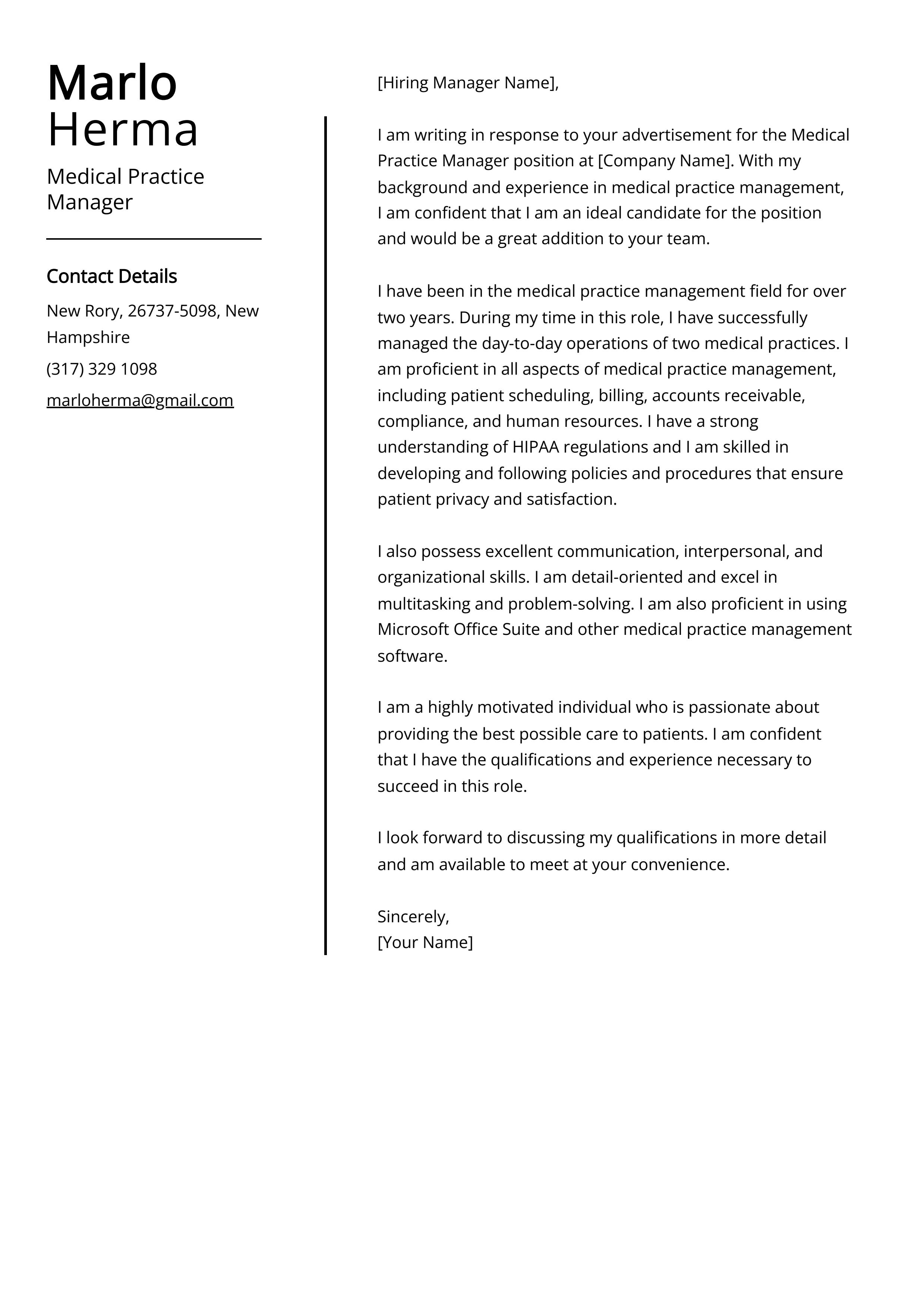 Medical Practice Manager Cover Letter Example