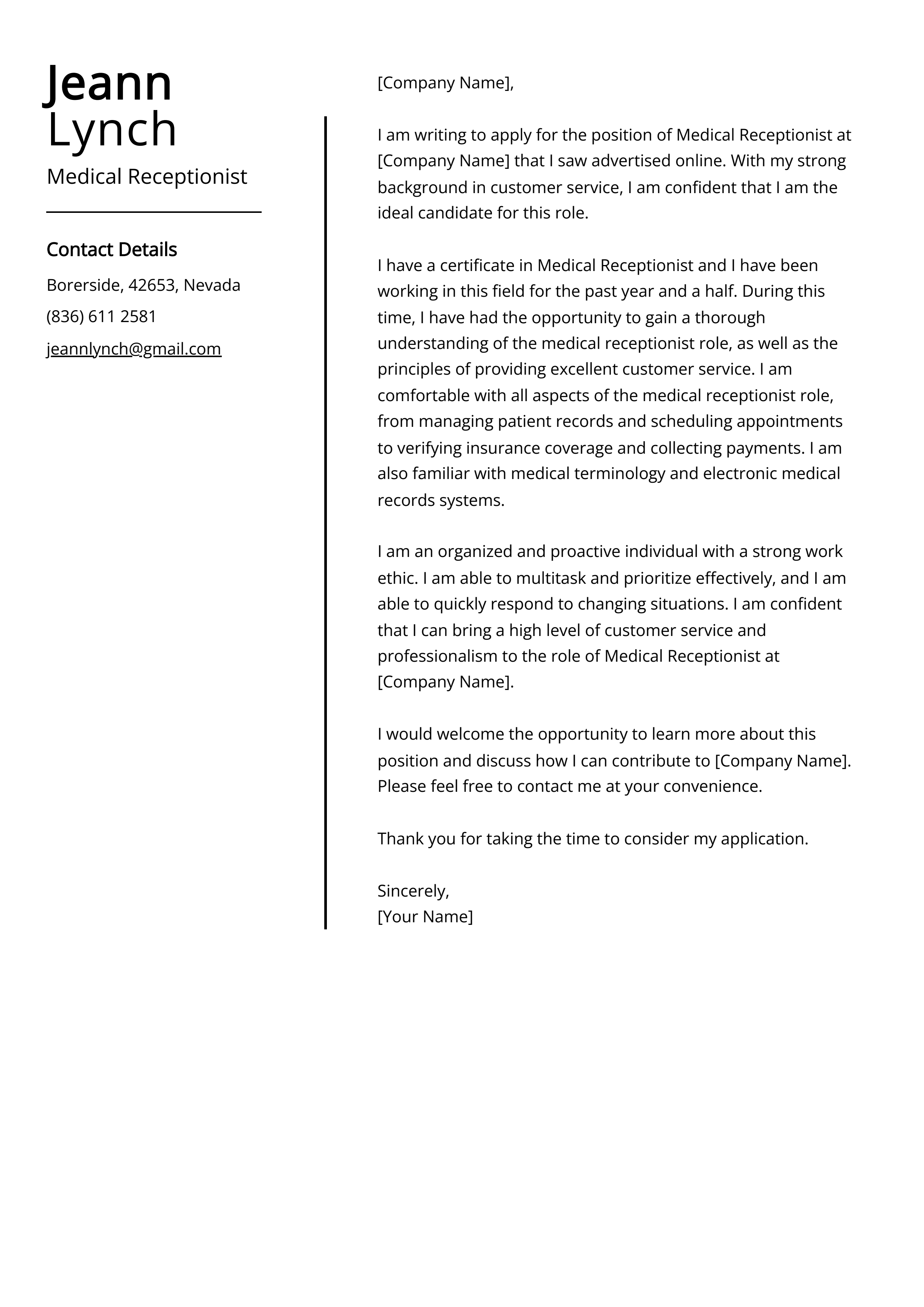 Medical Receptionist Cover Letter Example