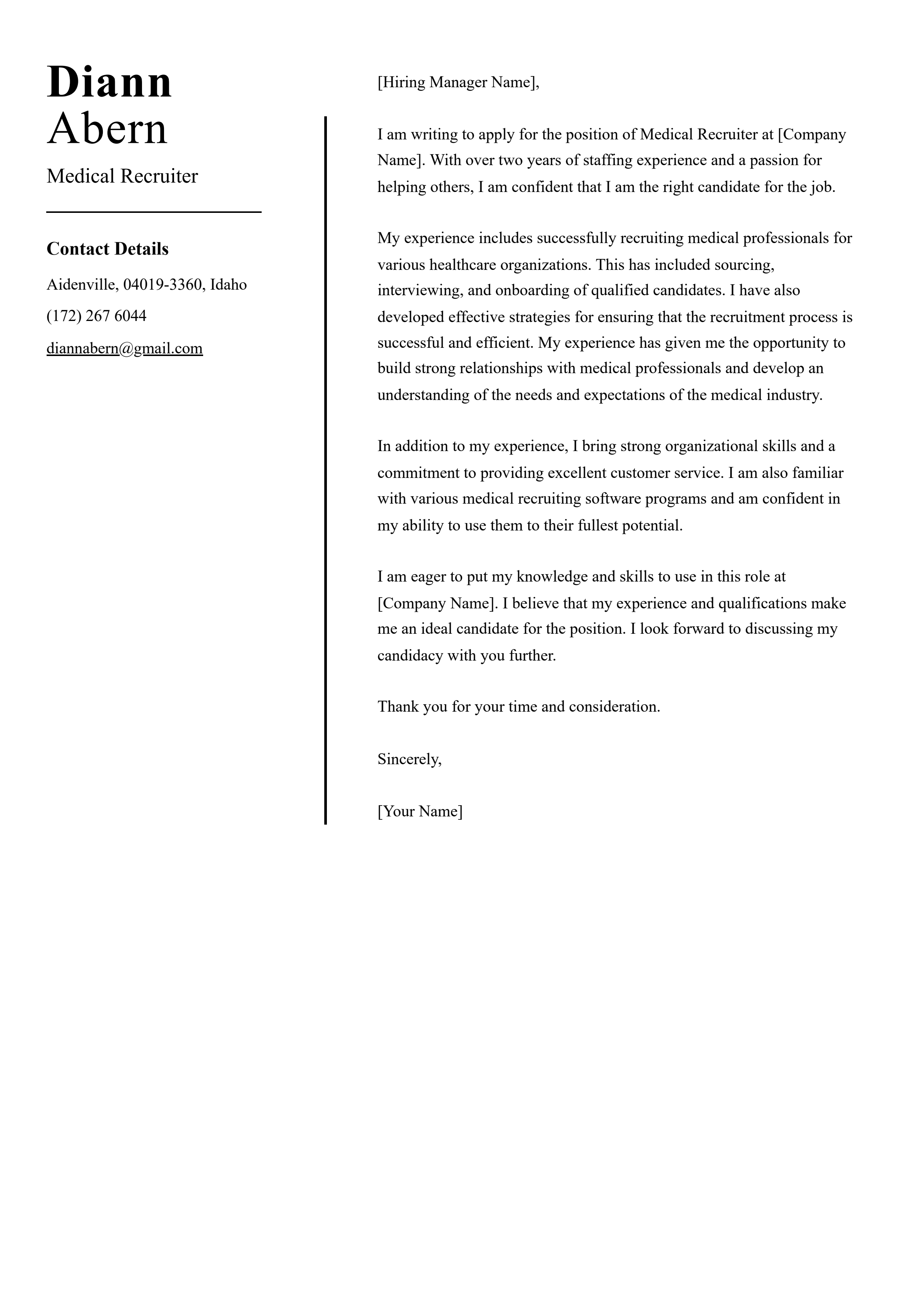 Medical Recruiter Cover Letter Example