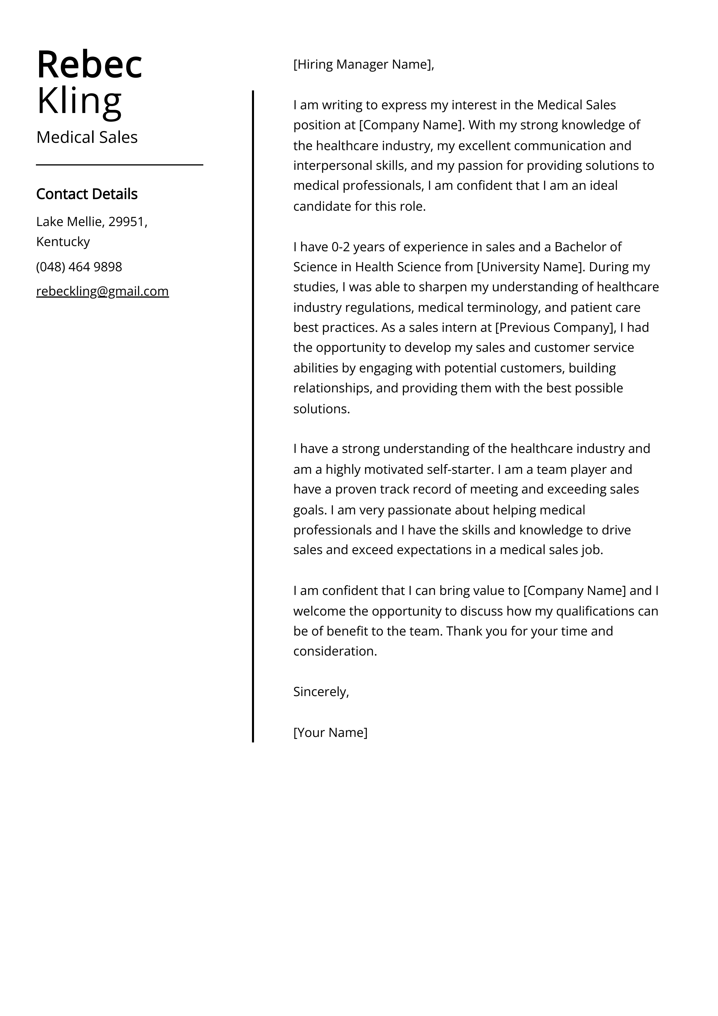 Medical Sales Cover Letter Example