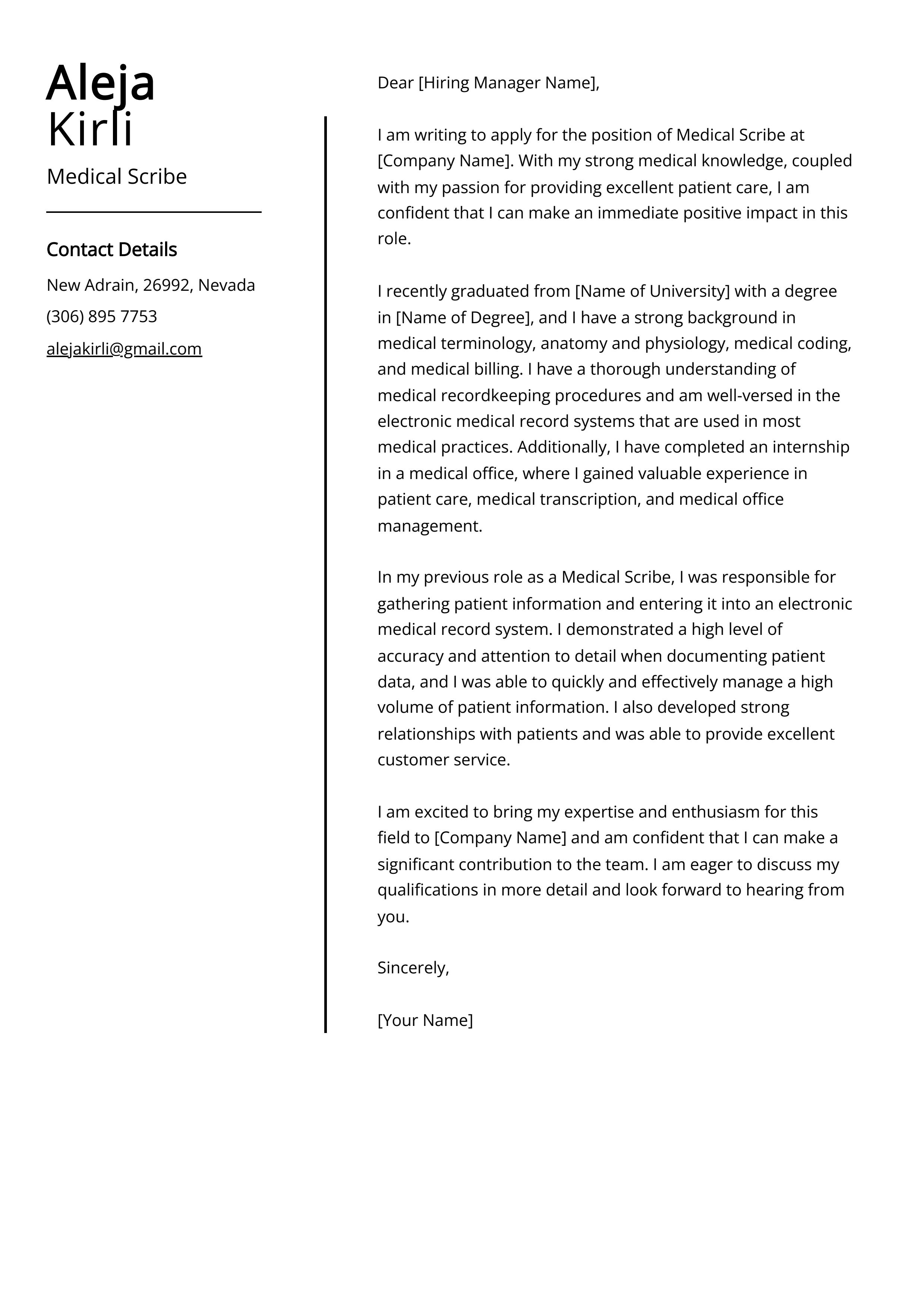 Medical Scribe Cover Letter Example