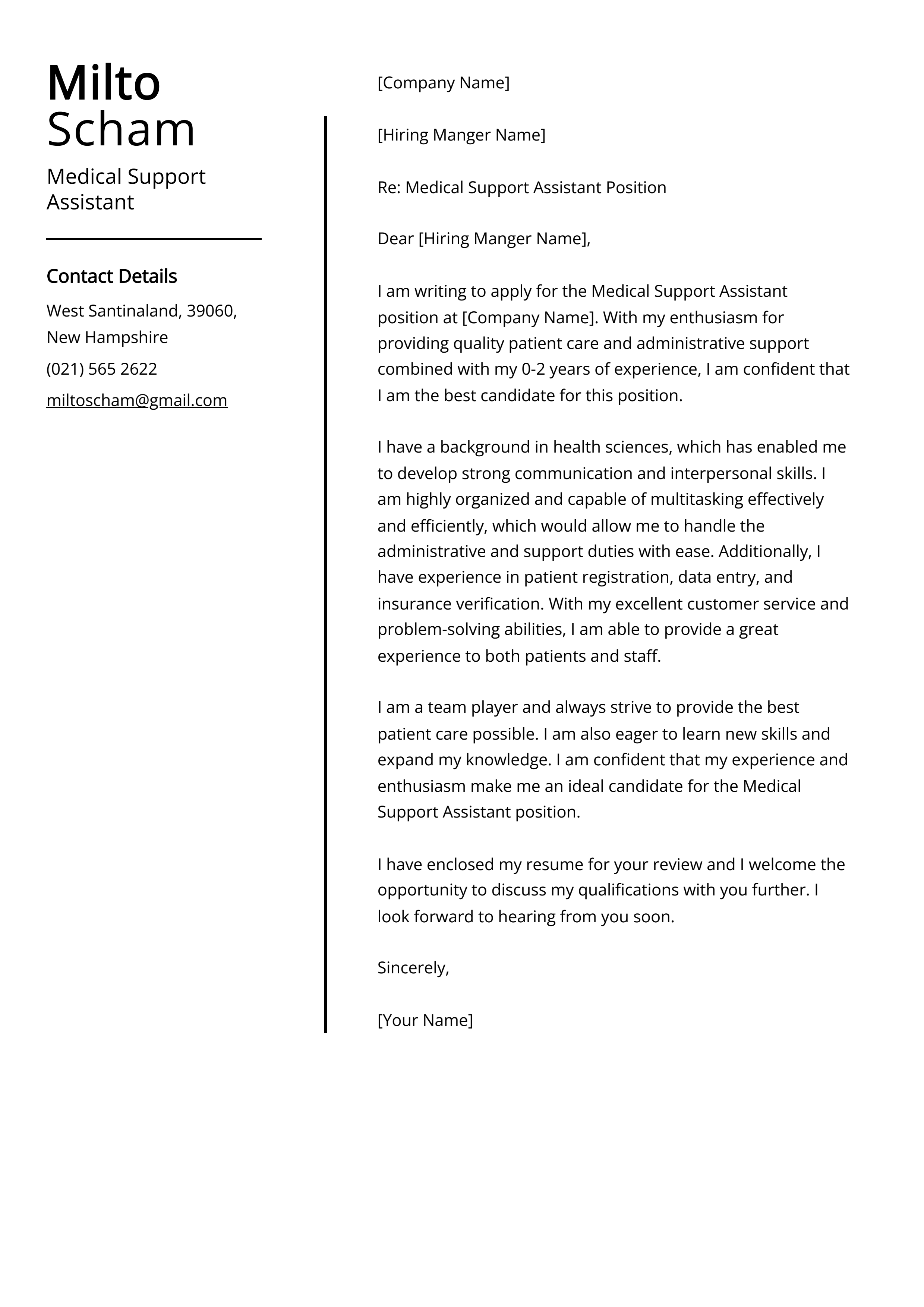 Medical Support Assistant Cover Letter Example