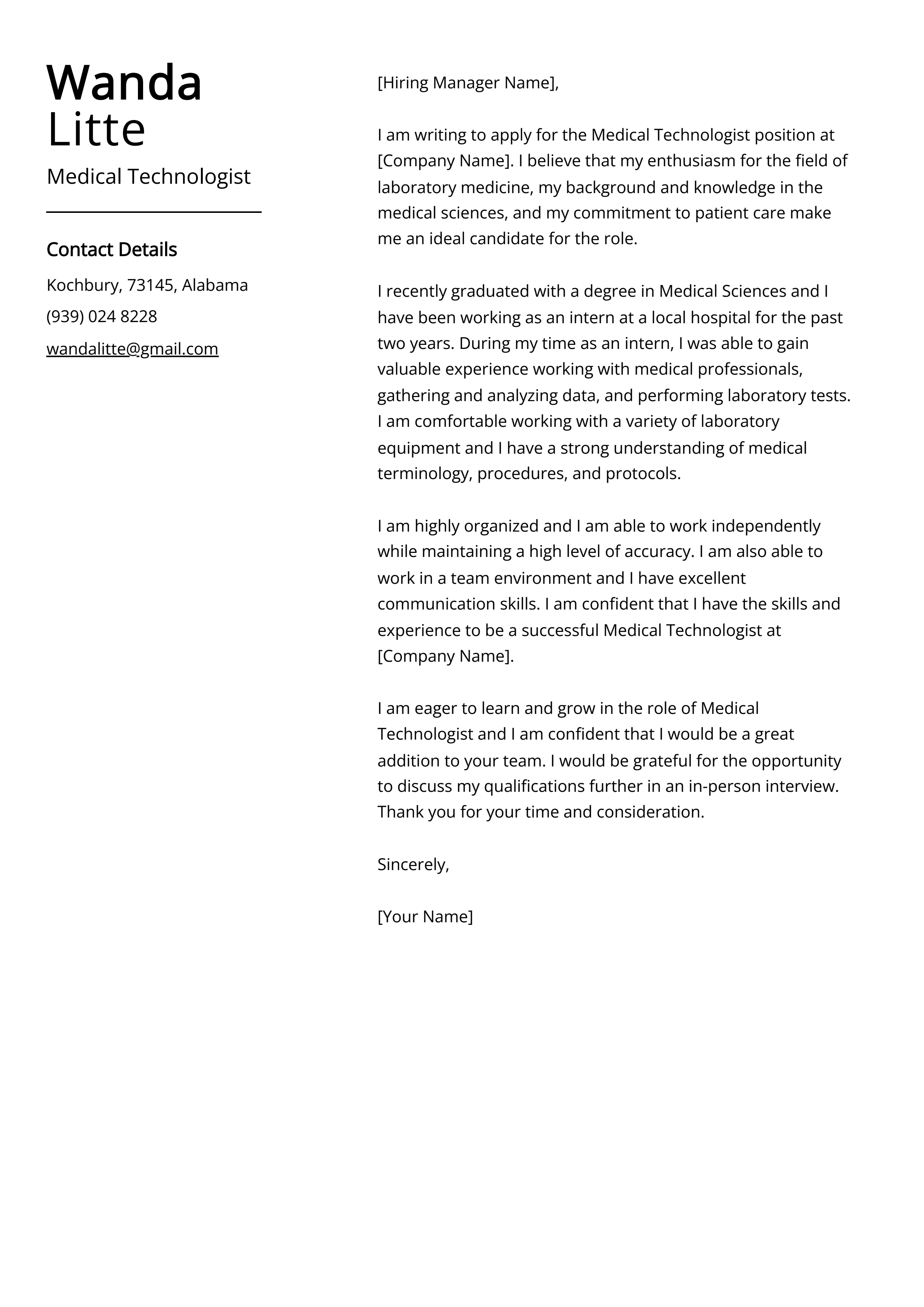 Medical Technologist Cover Letter Example