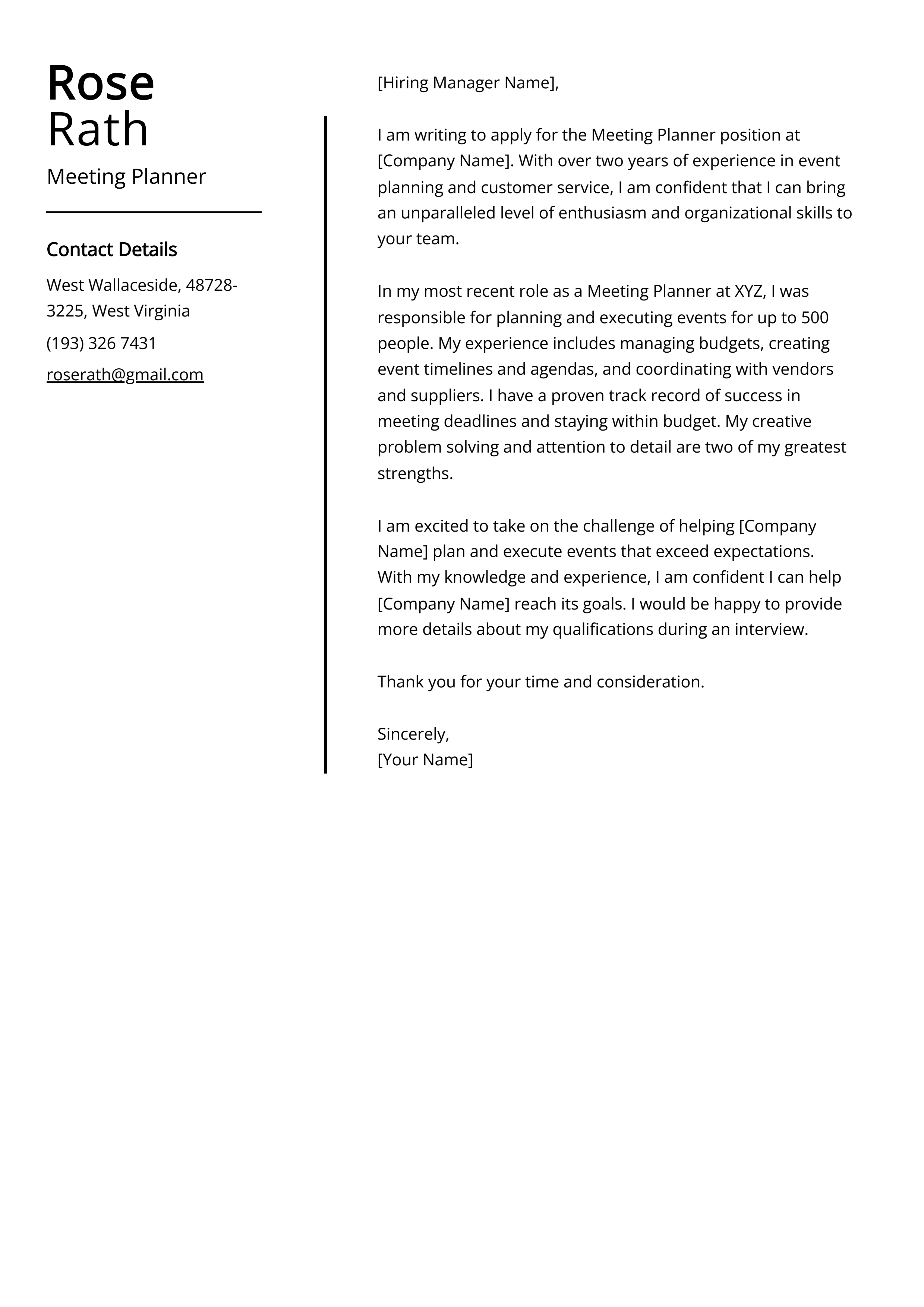 Meeting Planner Cover Letter Example