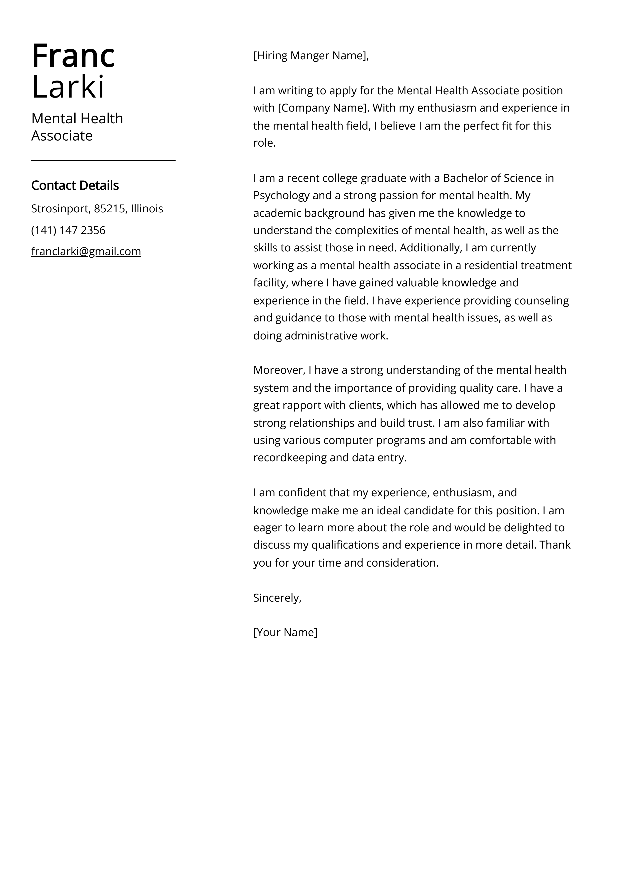 Mental Health Associate Cover Letter Example