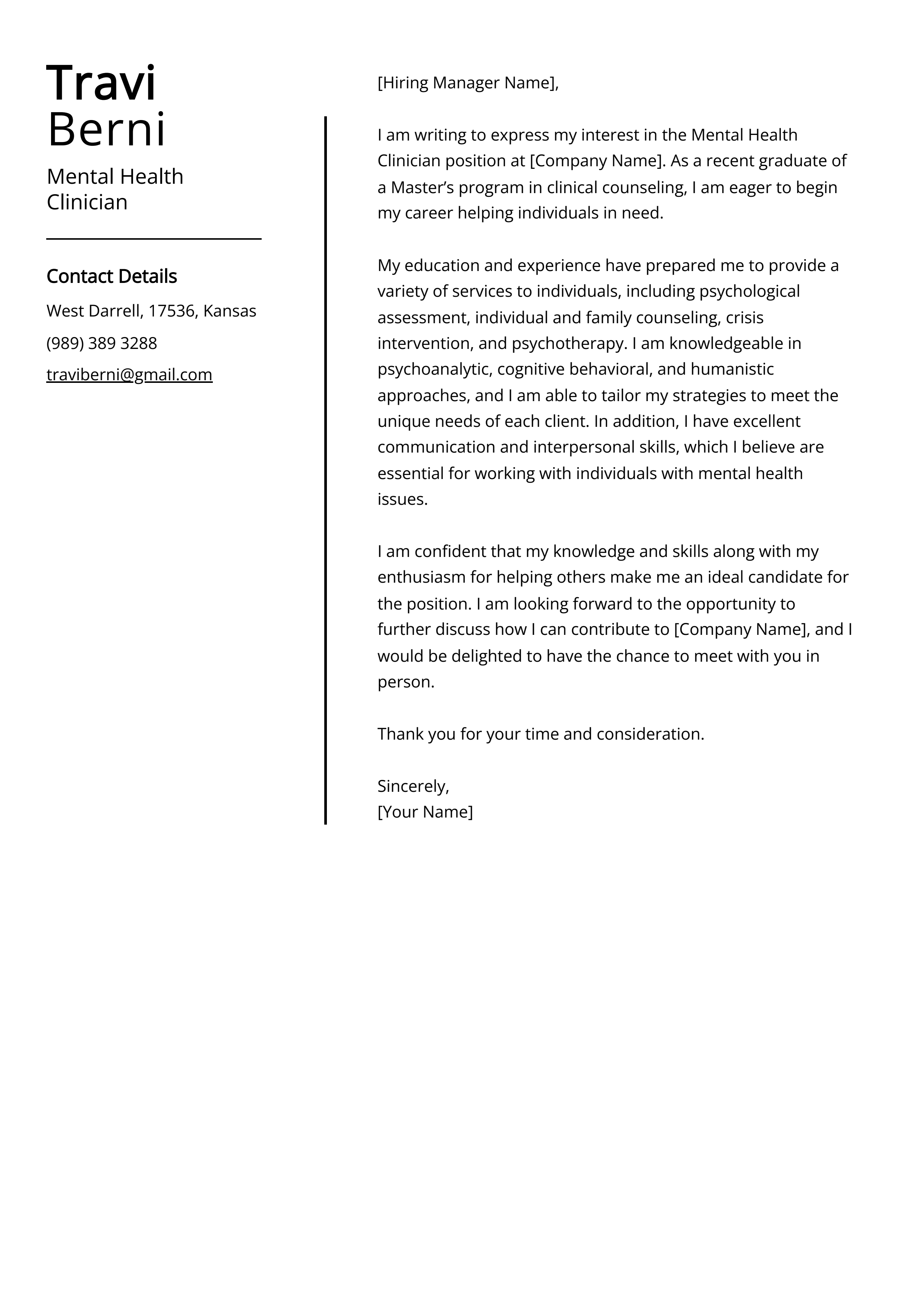 Mental Health Clinician Cover Letter Example