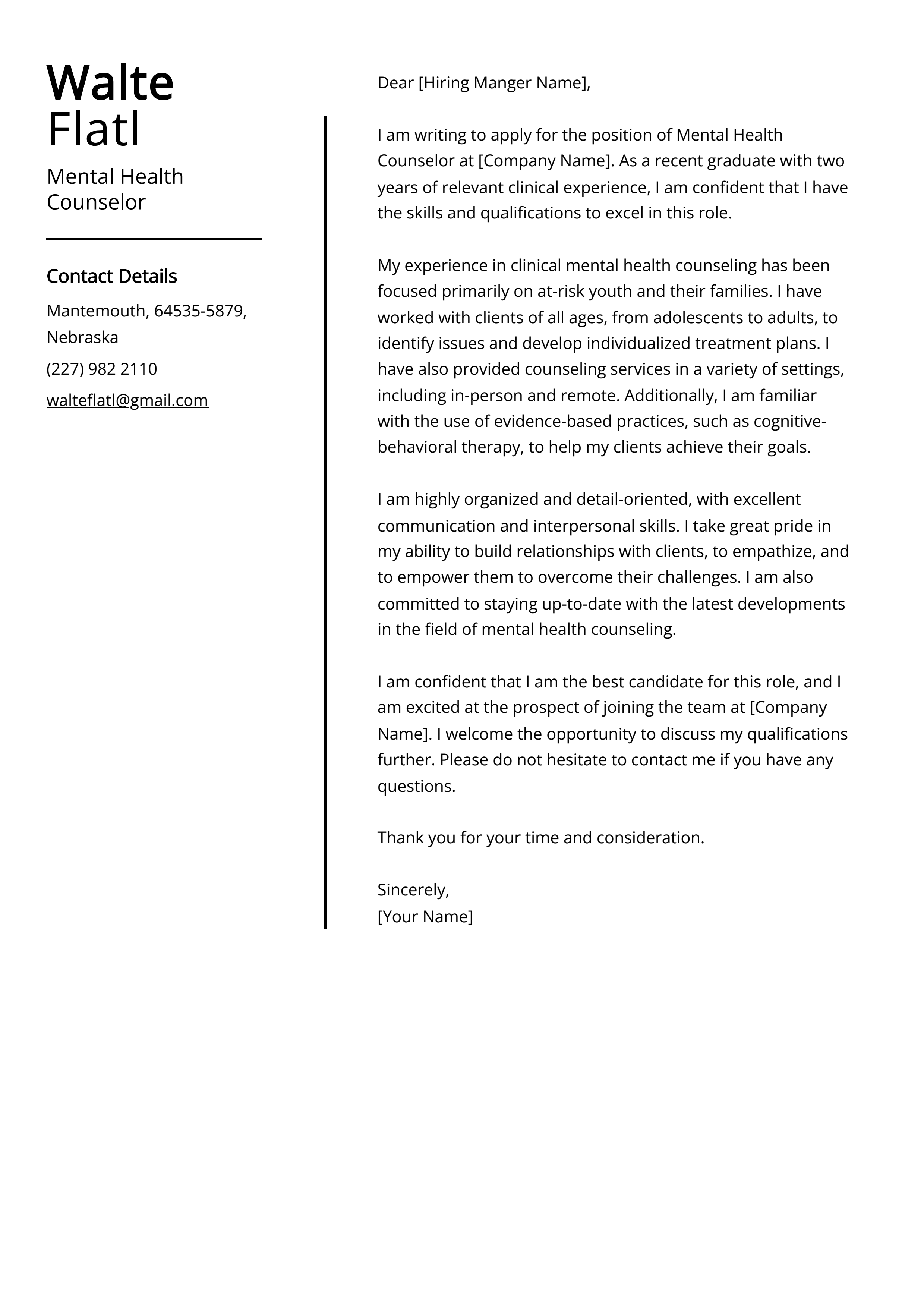 Mental Health Counselor Cover Letter Example