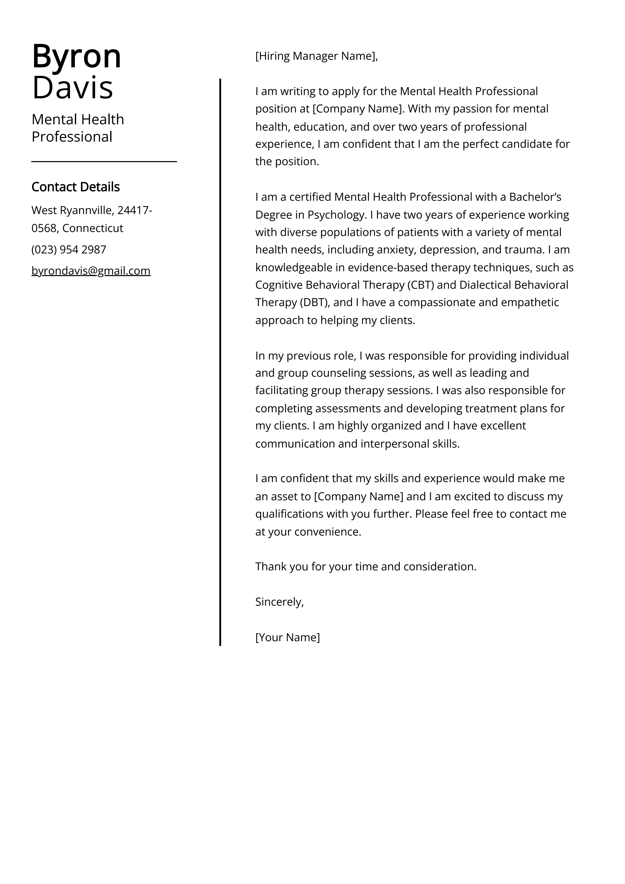 Mental Health Professional Cover Letter Example