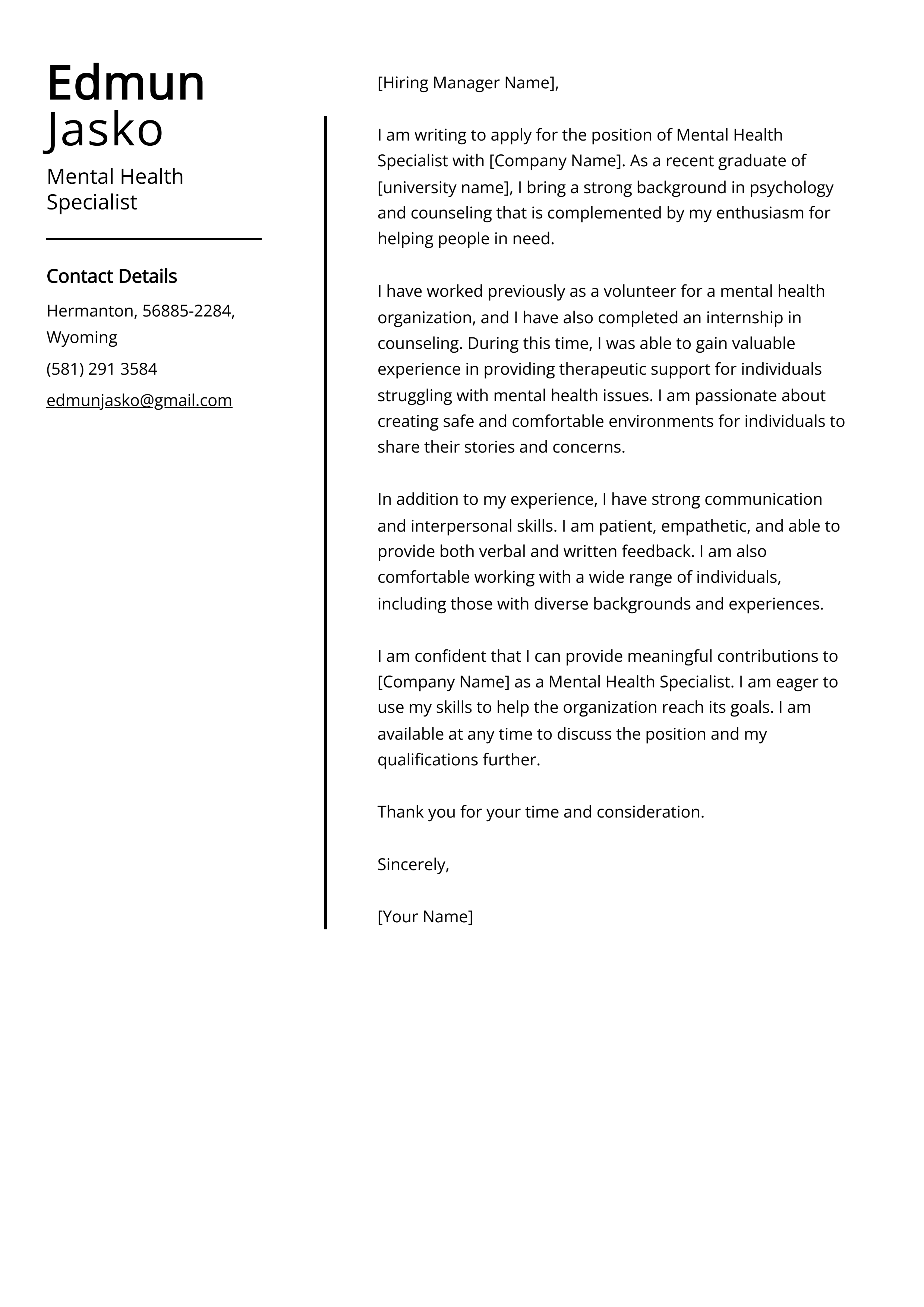 Mental Health Specialist Cover Letter Example