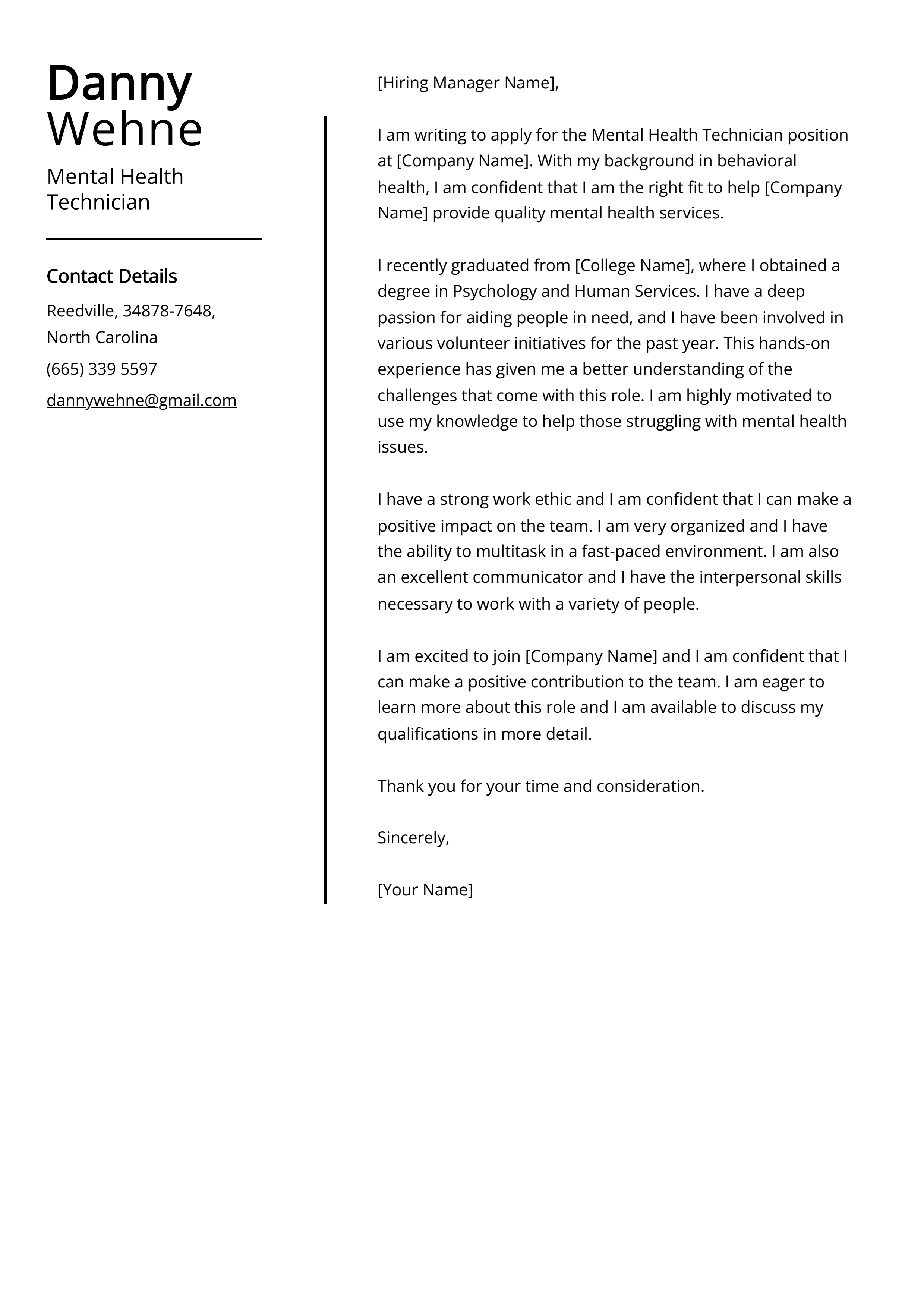 Mental Health Technician Cover Letter Example