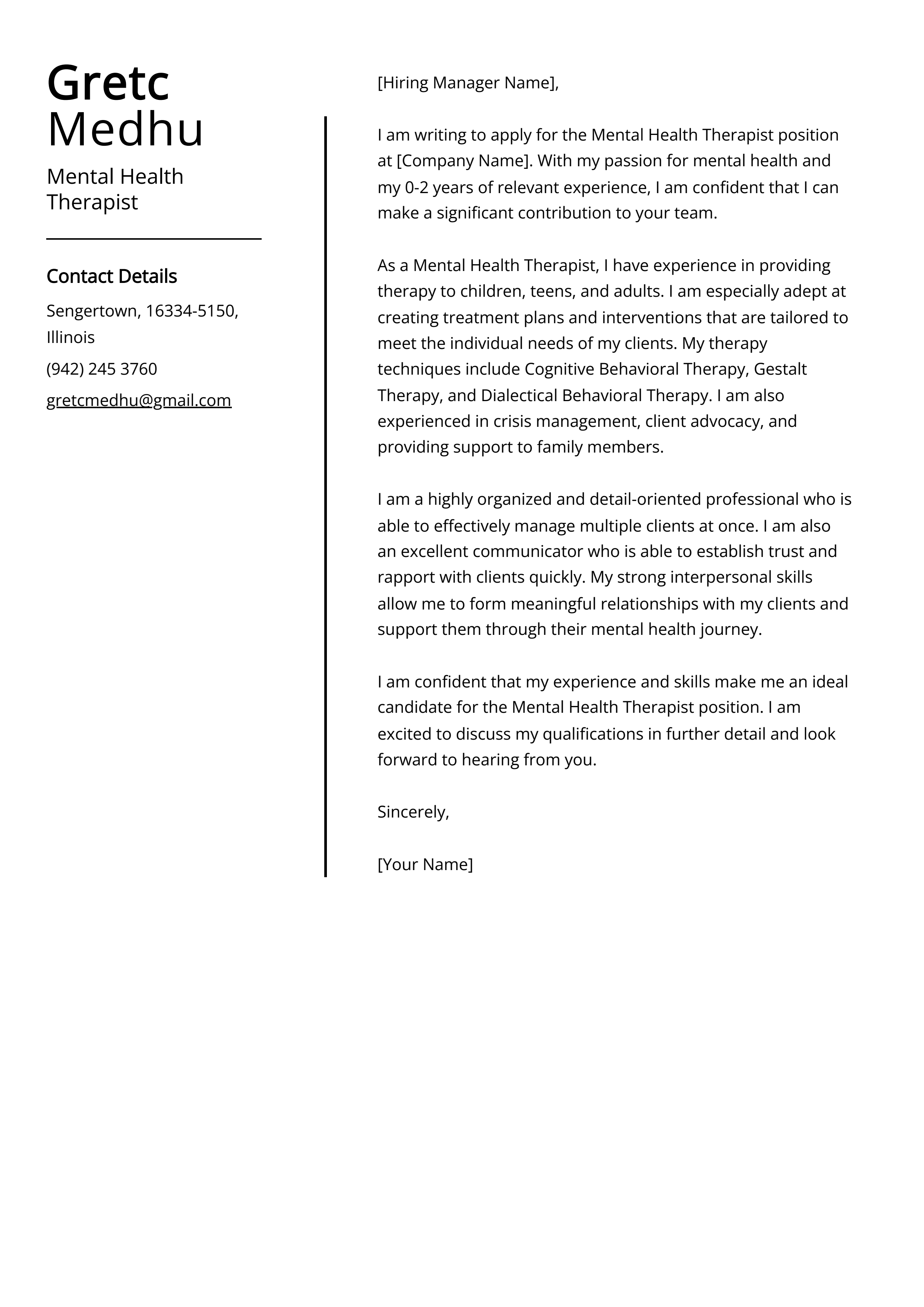 Mental Health Therapist Cover Letter Example