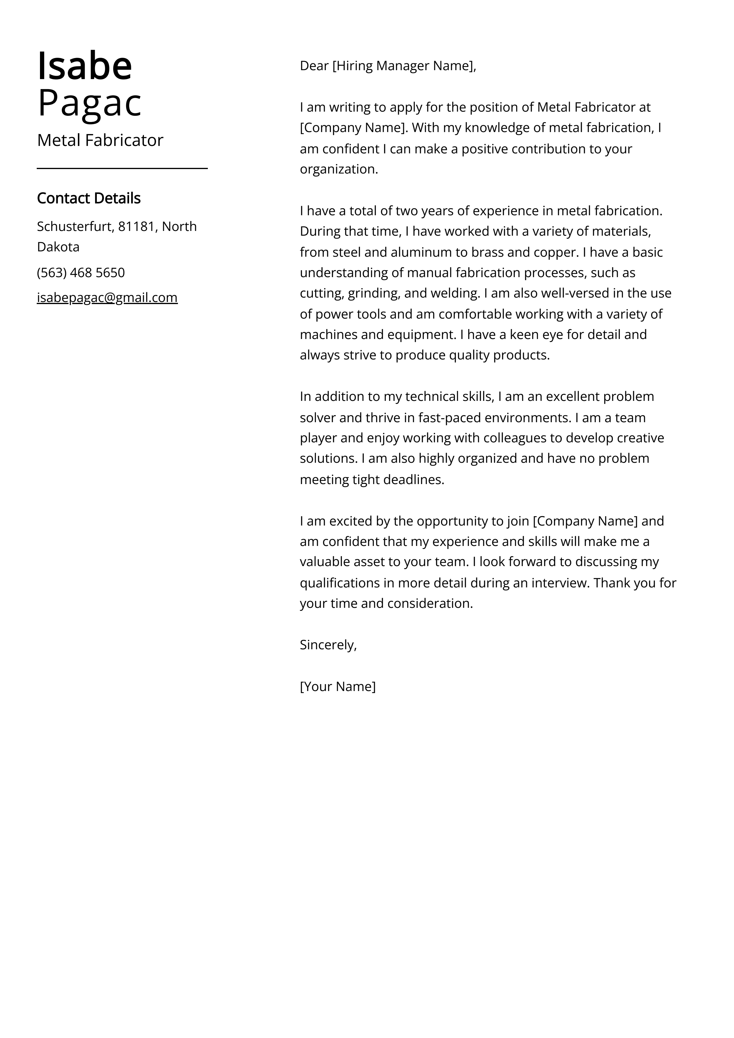 Metal Fabricator Cover Letter Example
