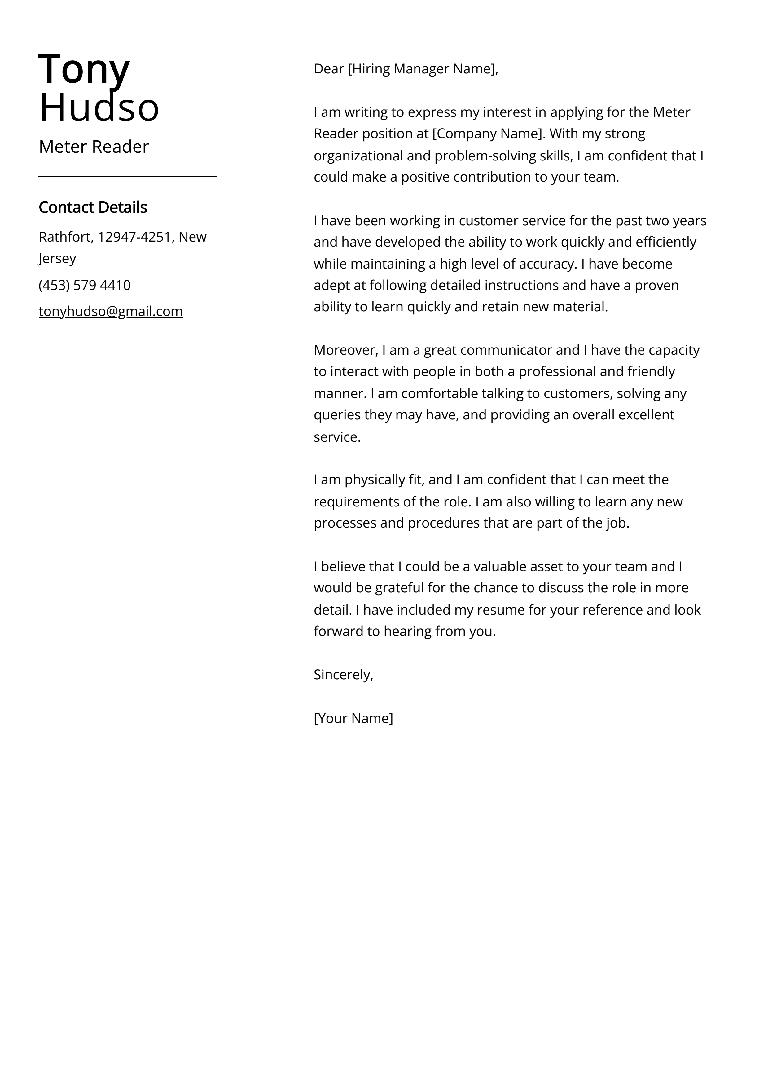 Meter Reader Cover Letter Example