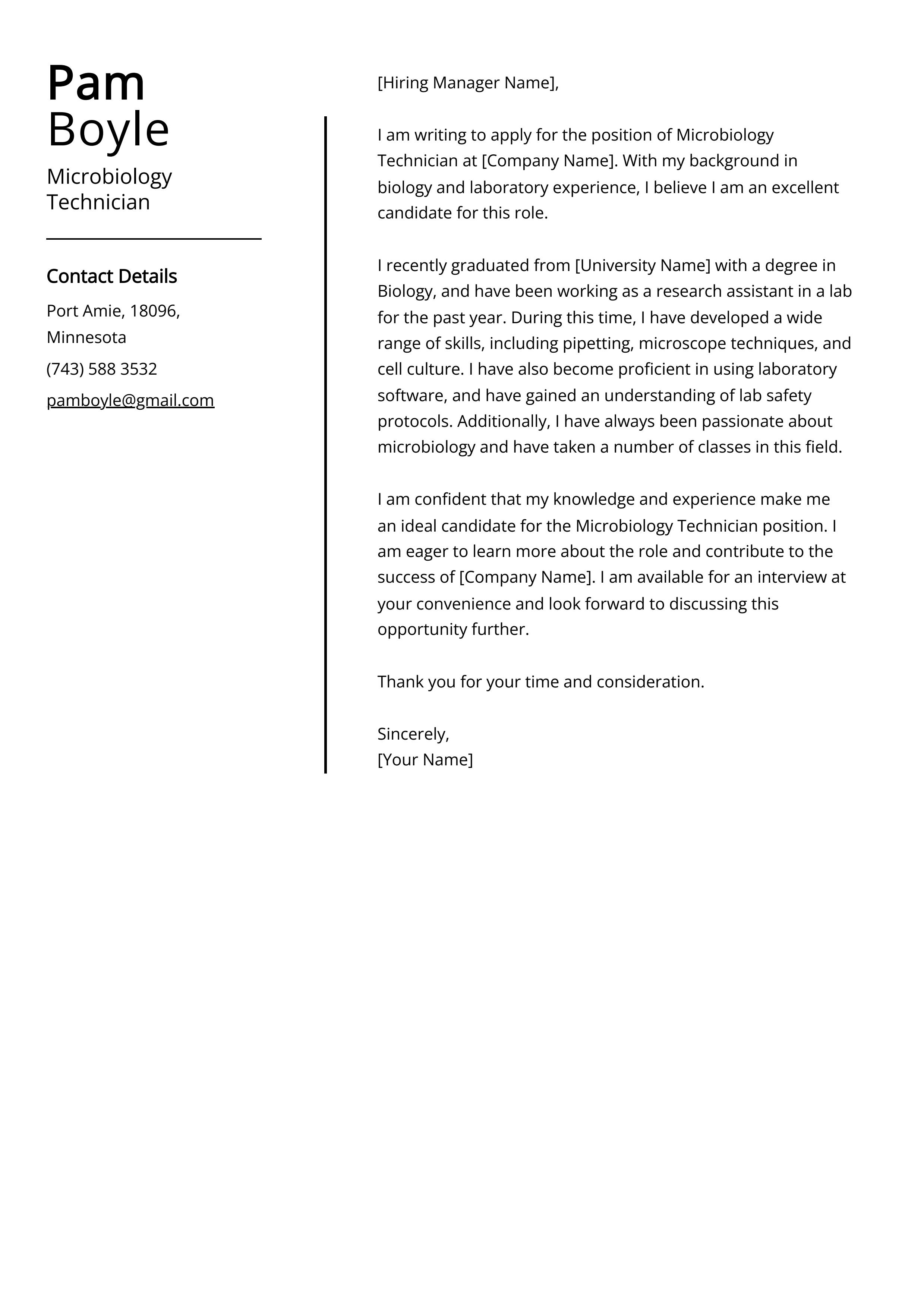 Microbiology Technician Cover Letter Example