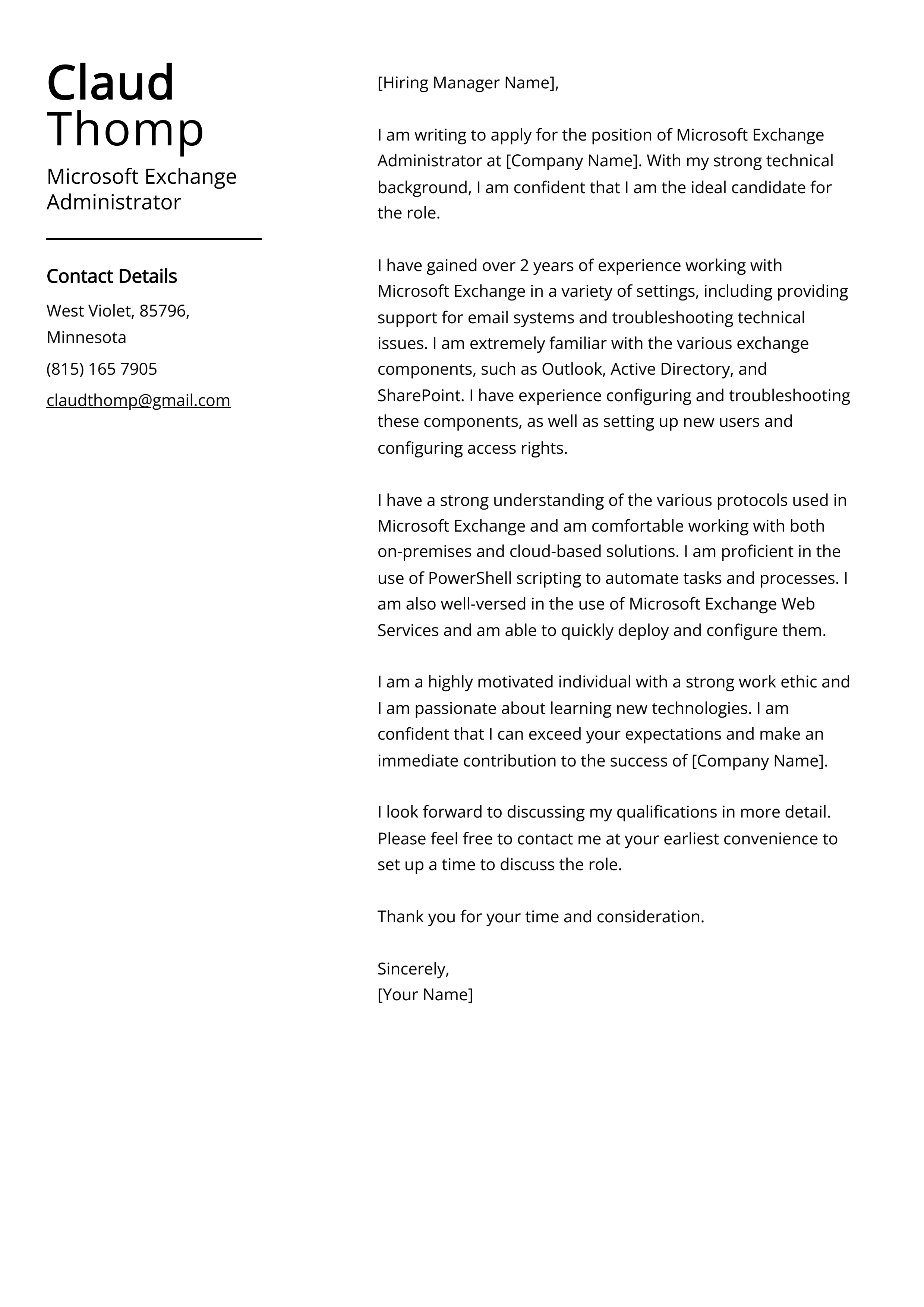 Microsoft Exchange Administrator Cover Letter Example