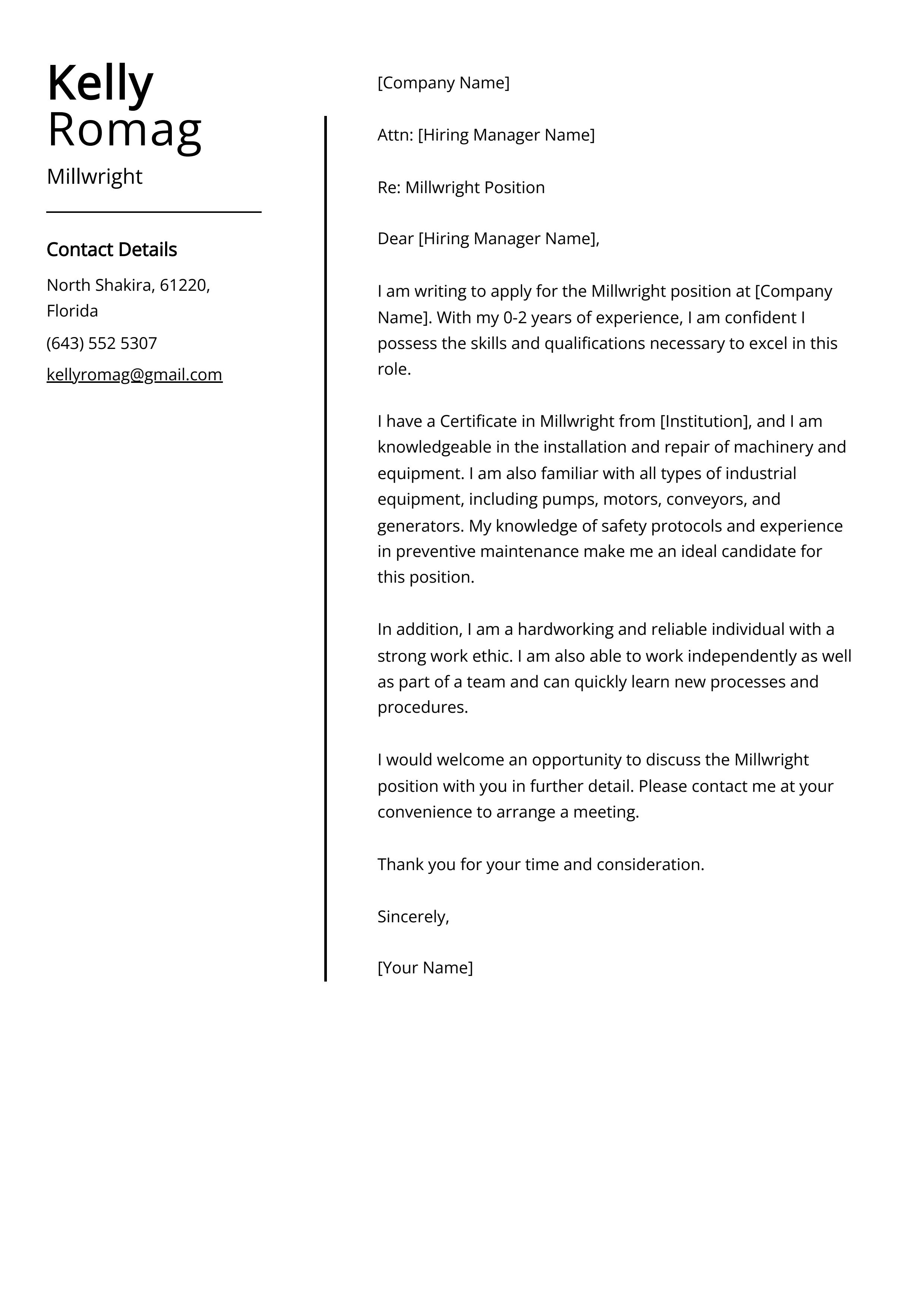 Millwright Cover Letter Example