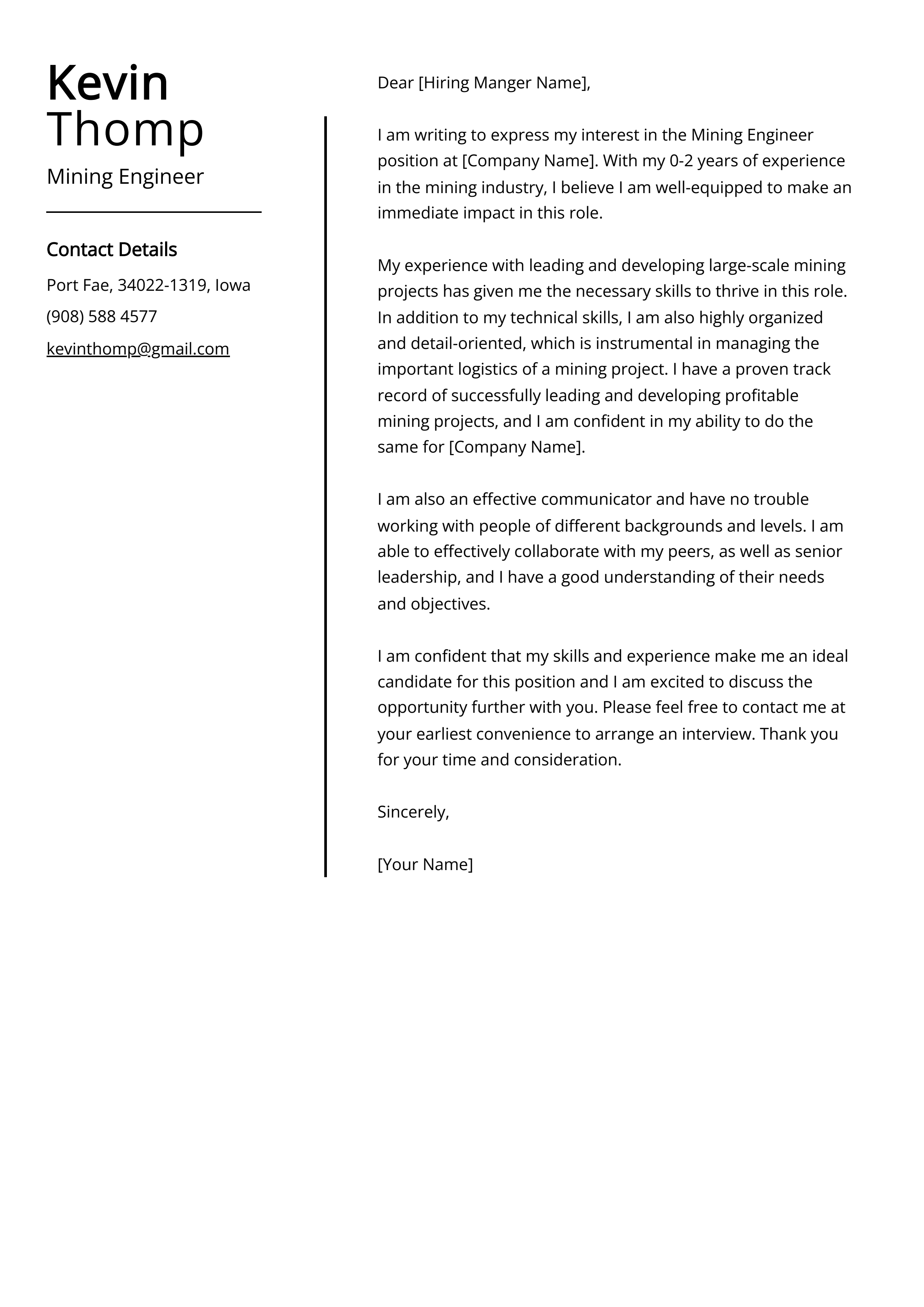 Mining Engineer Cover Letter Example