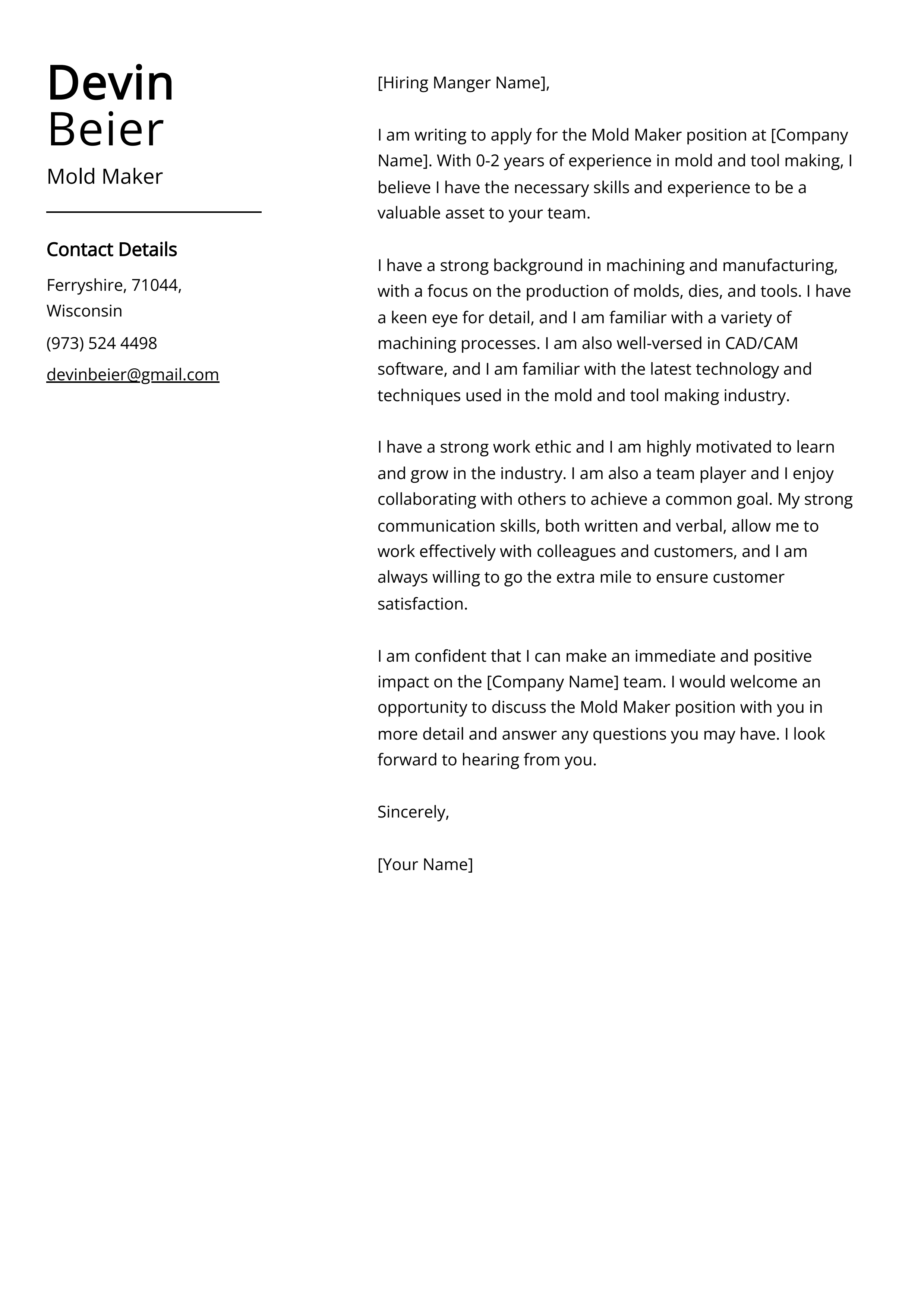 Mold Maker Cover Letter Example