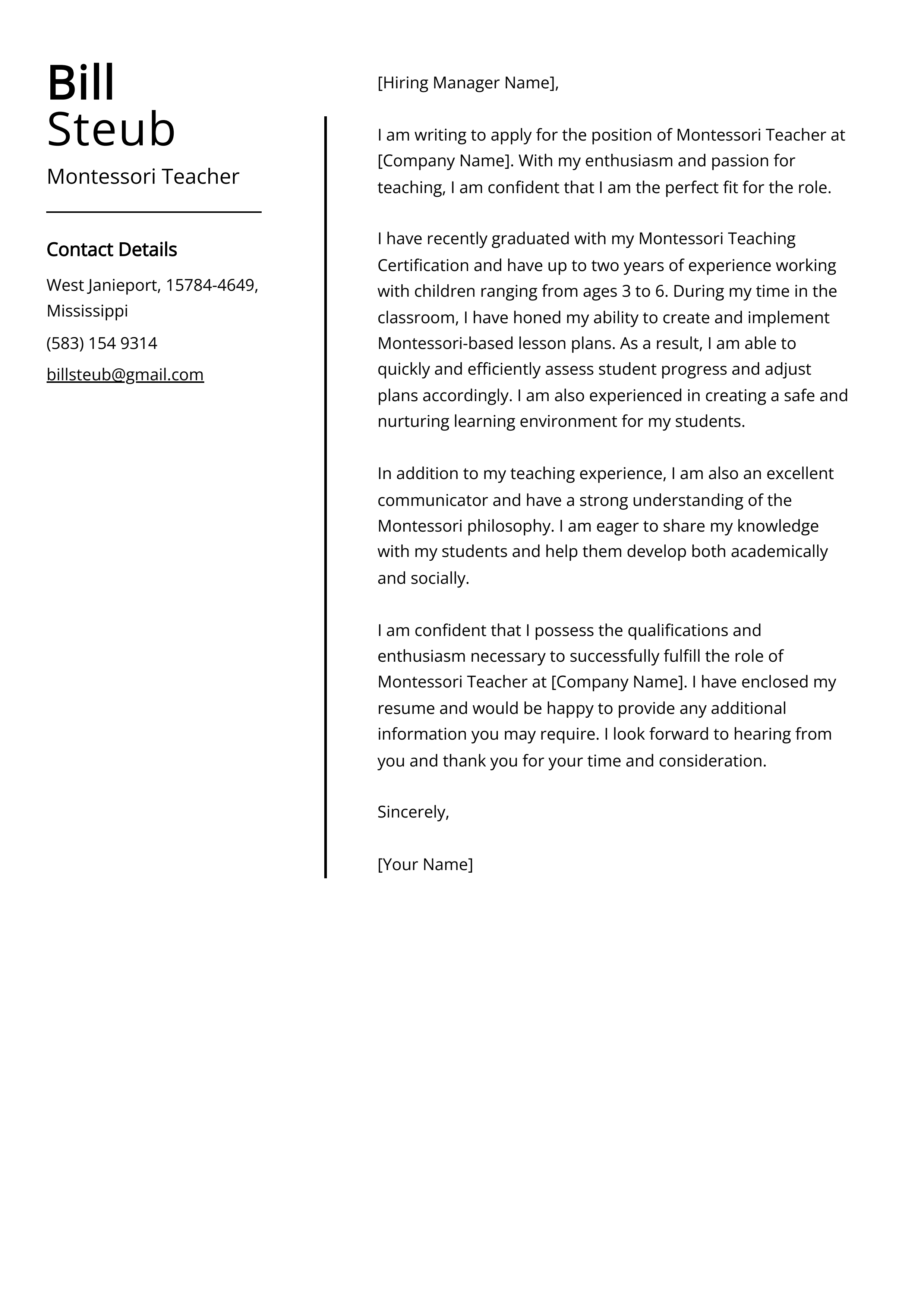 Montessori Teacher Cover Letter Example