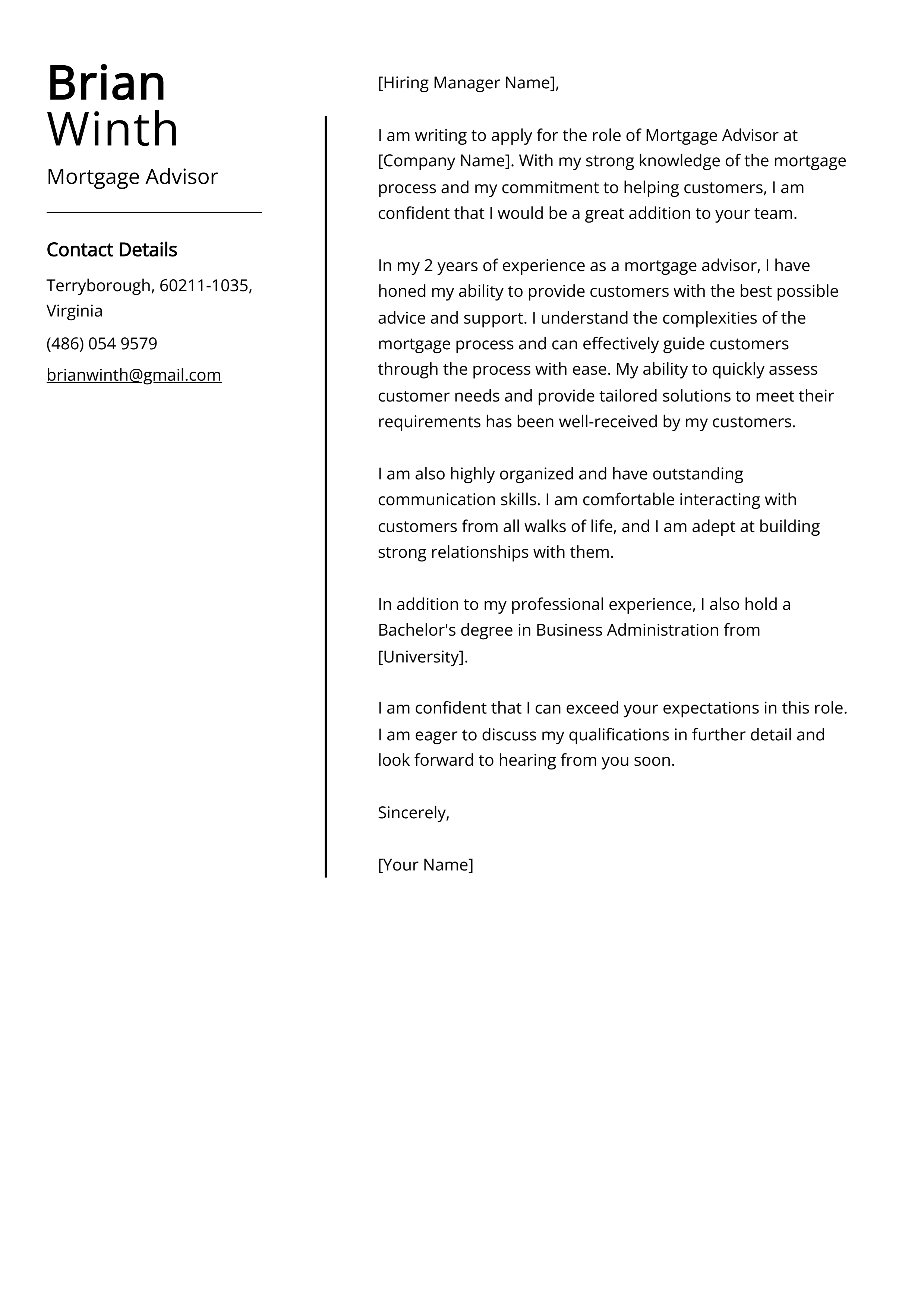 Experienced Mortgage Advisor Cover Letter Example