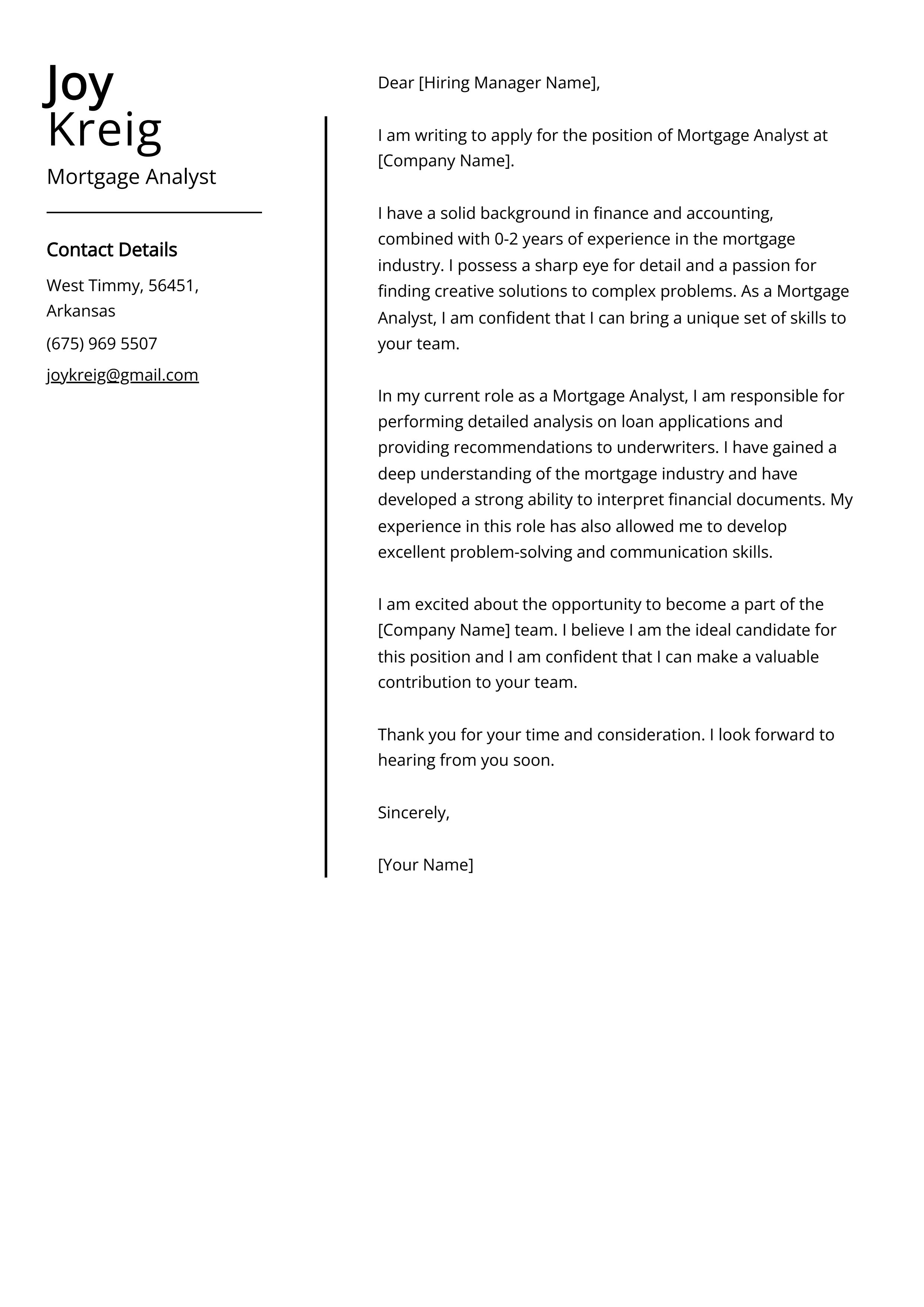 Mortgage Analyst Cover Letter Example