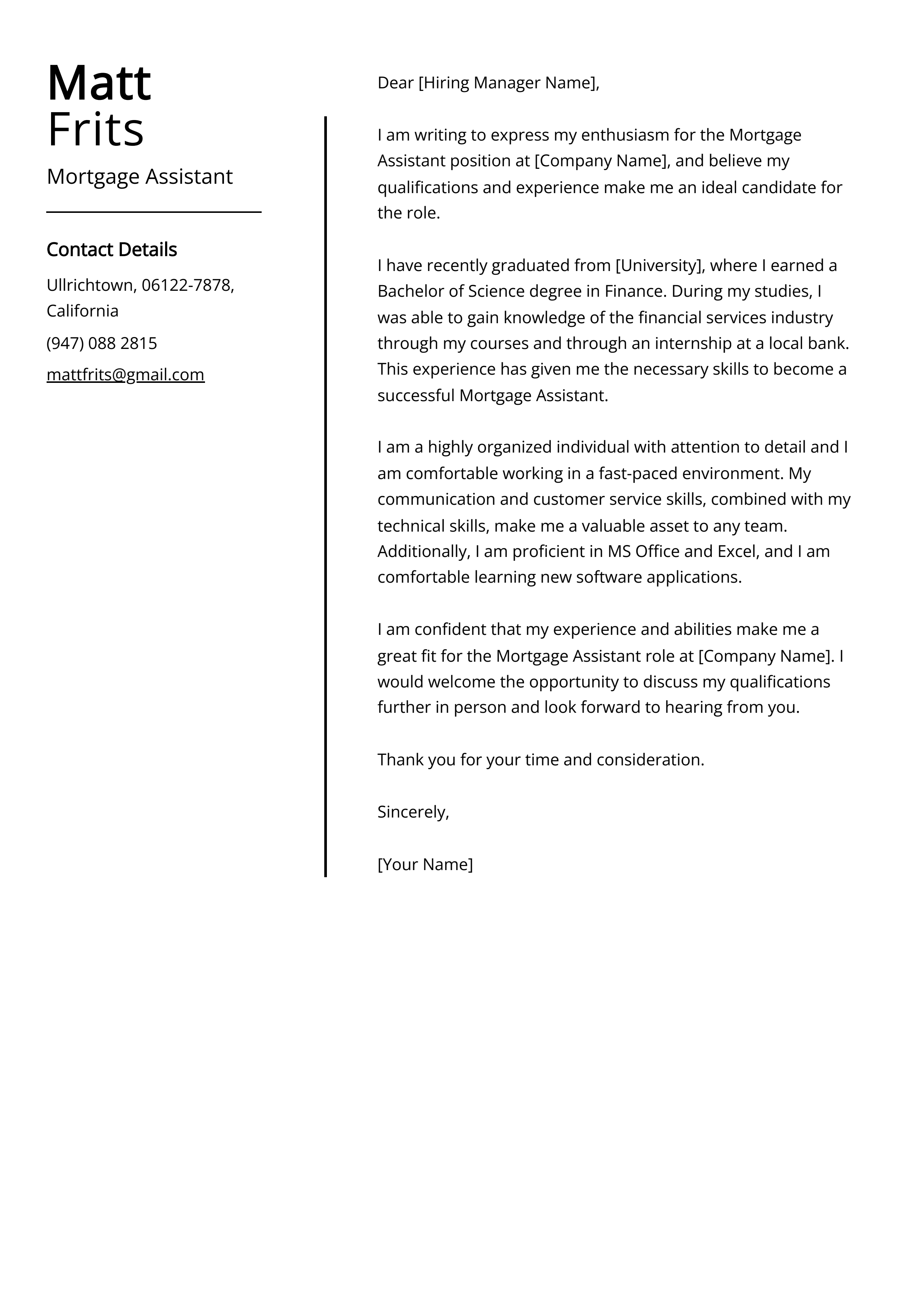 Mortgage Assistant Cover Letter Example