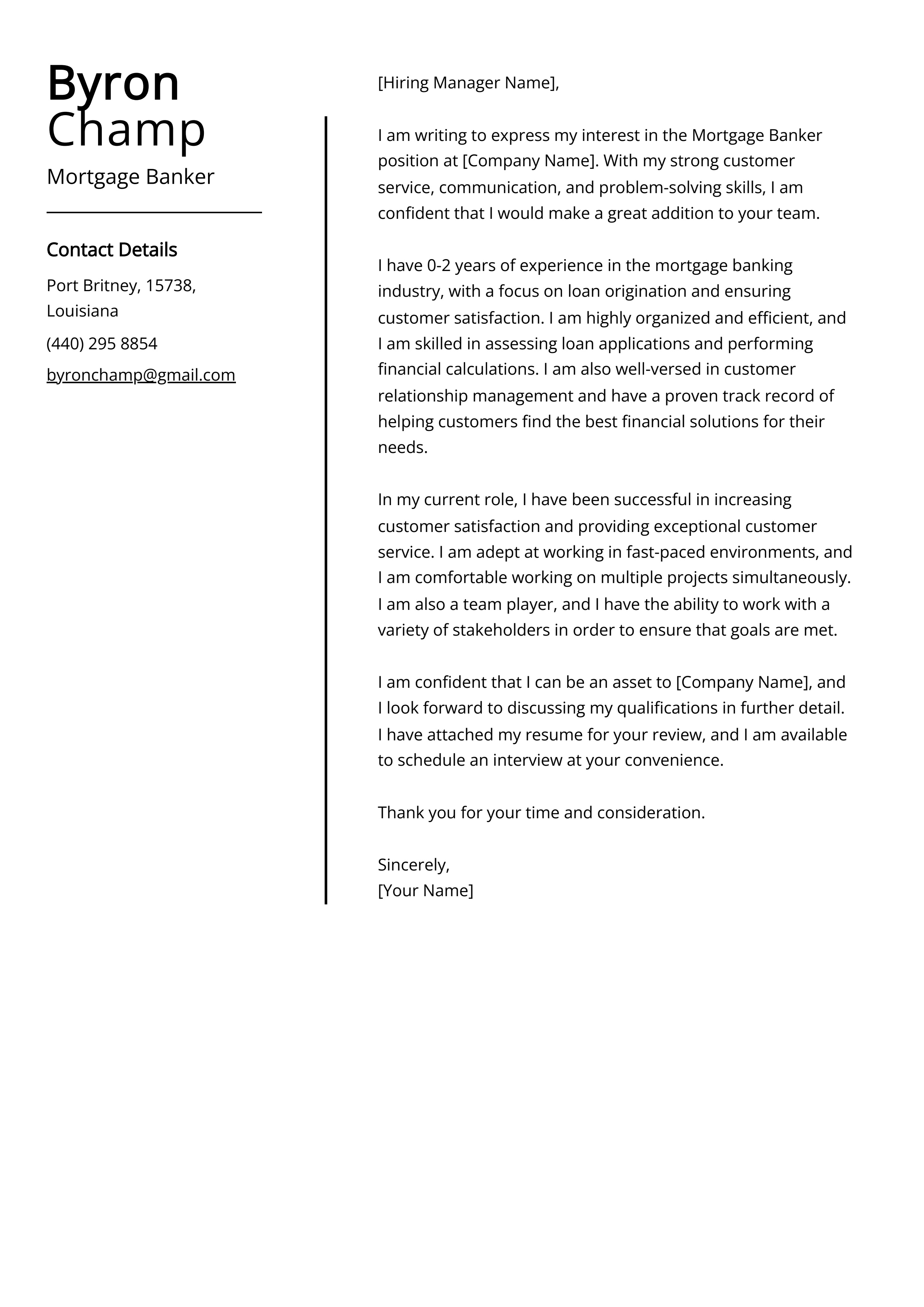 Mortgage Banker Cover Letter Example