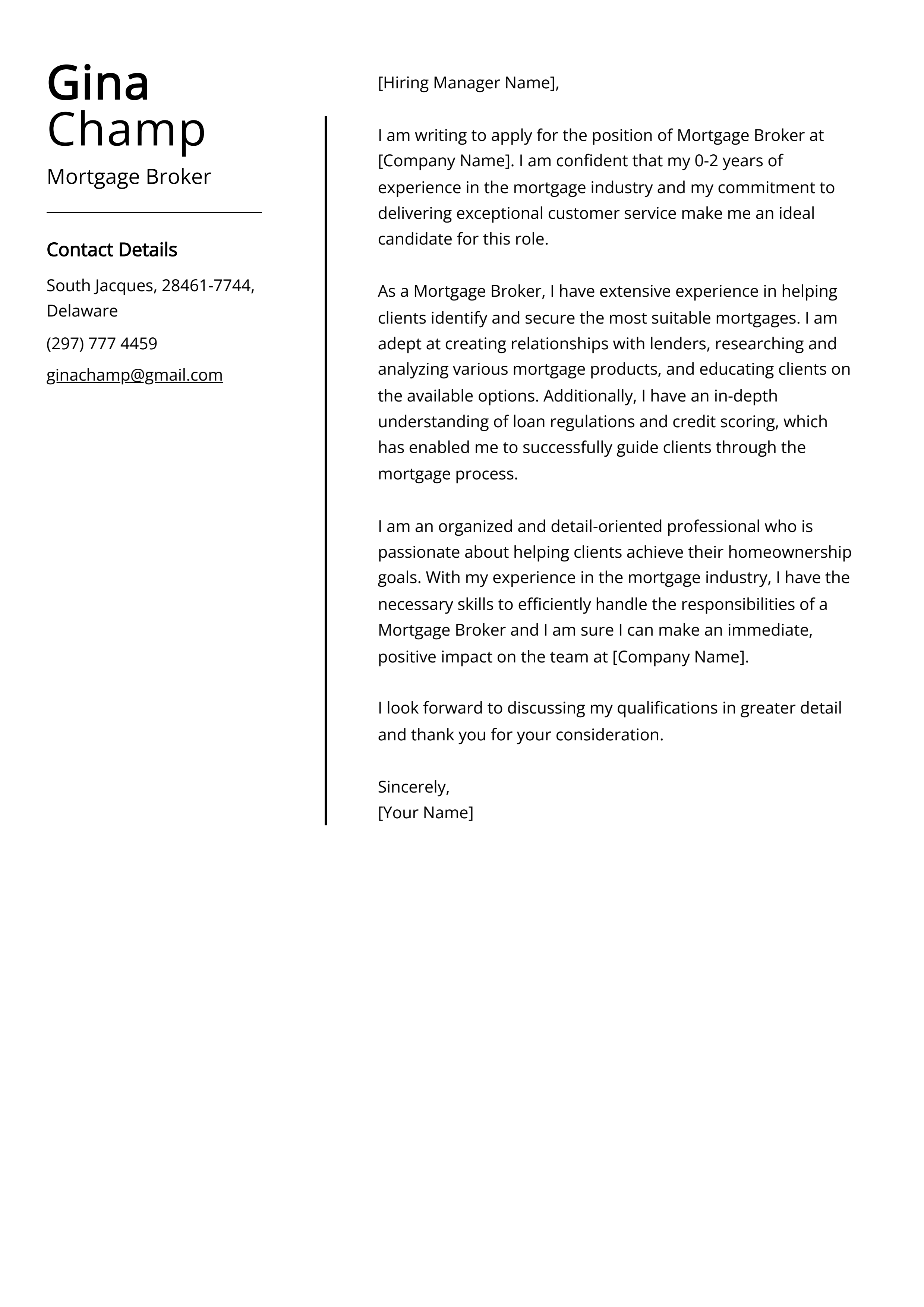 Mortgage Broker Cover Letter Example