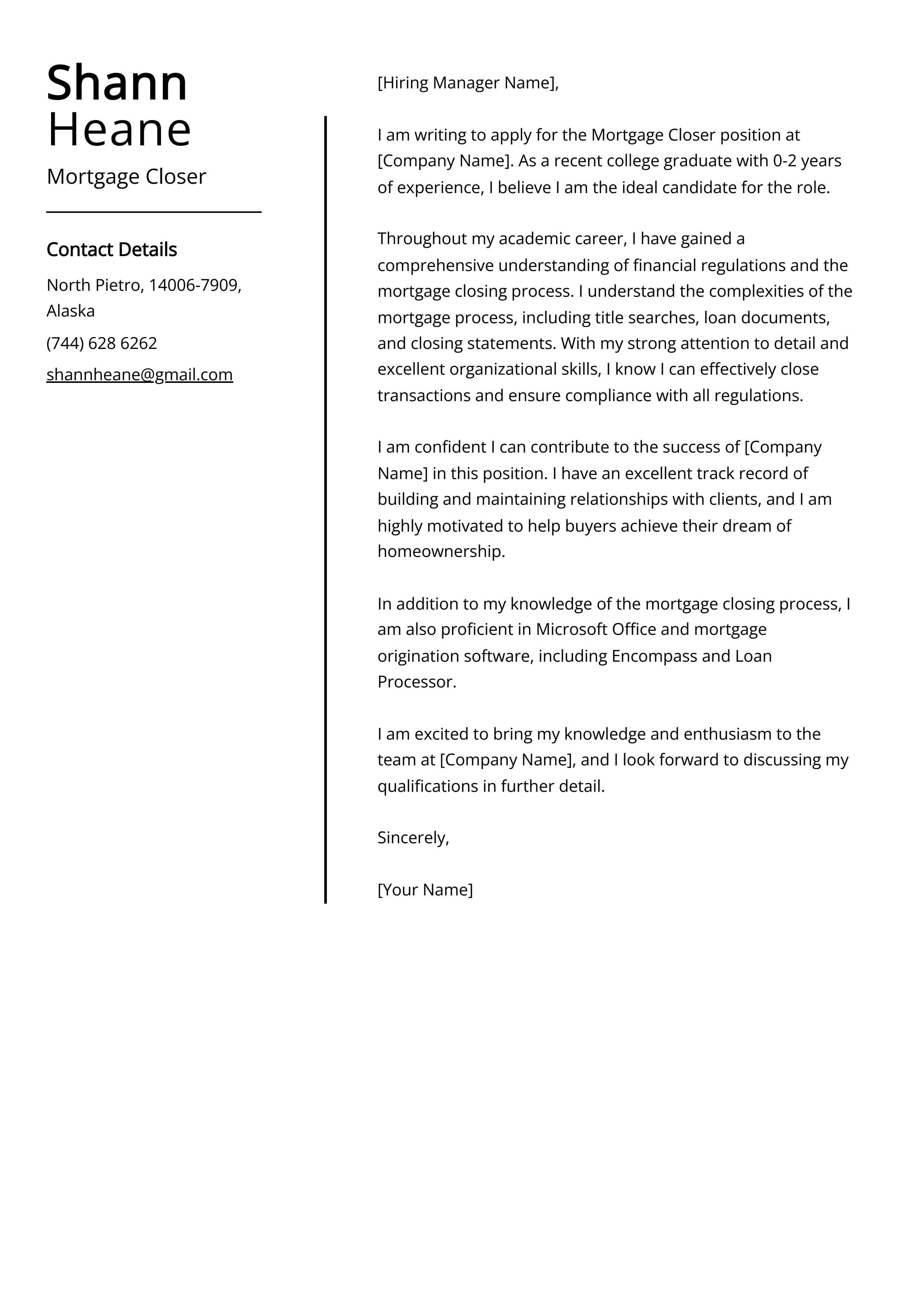 Mortgage Closer Cover Letter Example