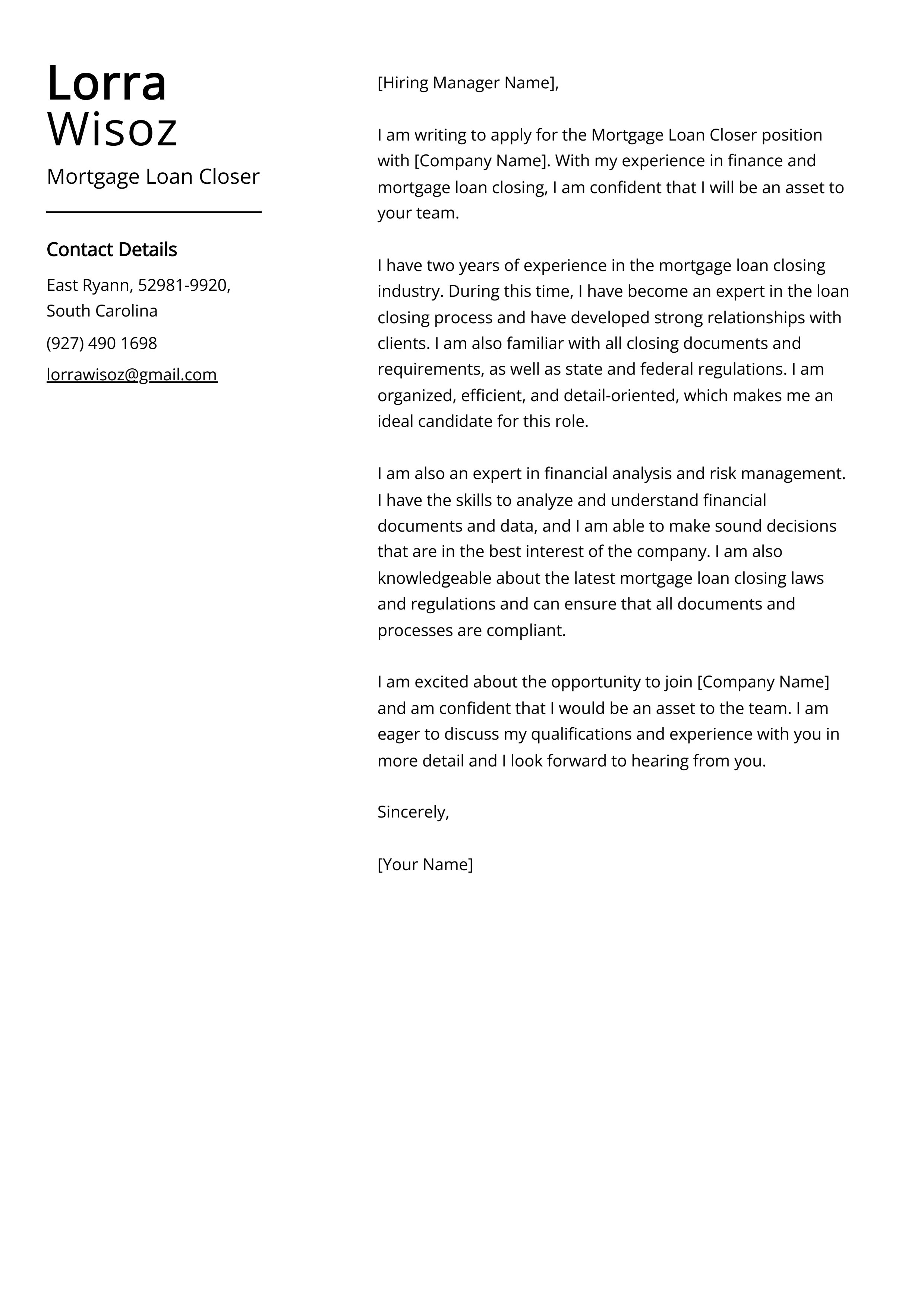 Mortgage Loan Closer Cover Letter Example