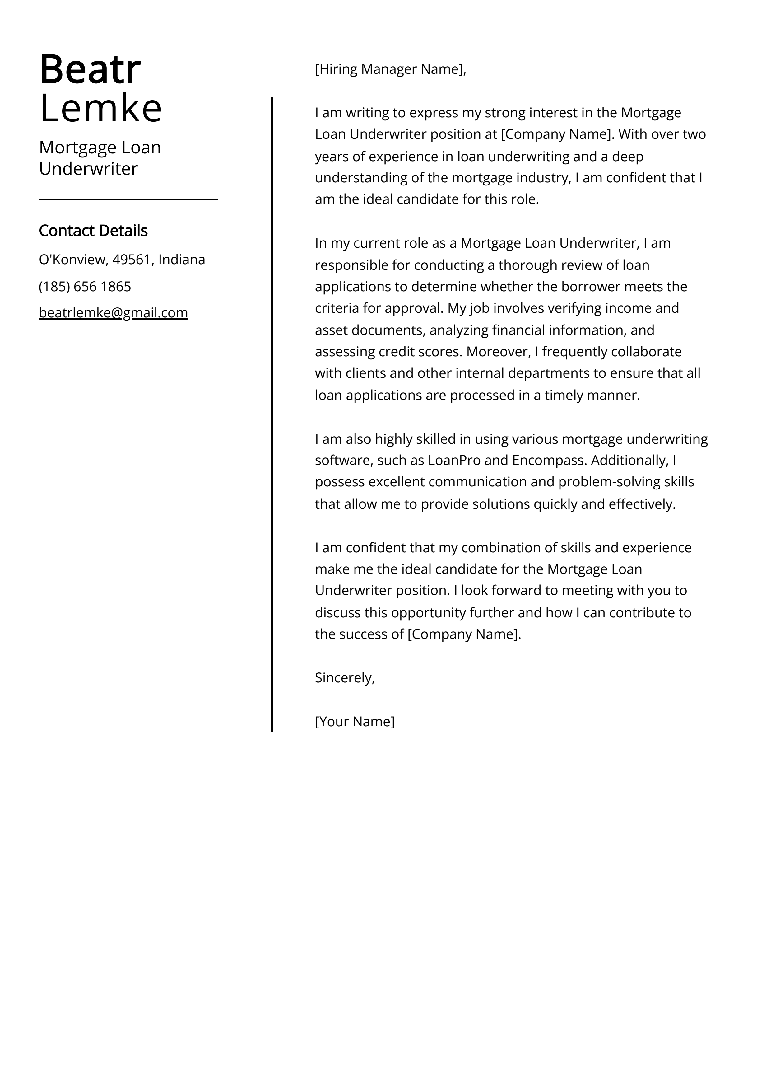 Mortgage Loan Underwriter Cover Letter Example