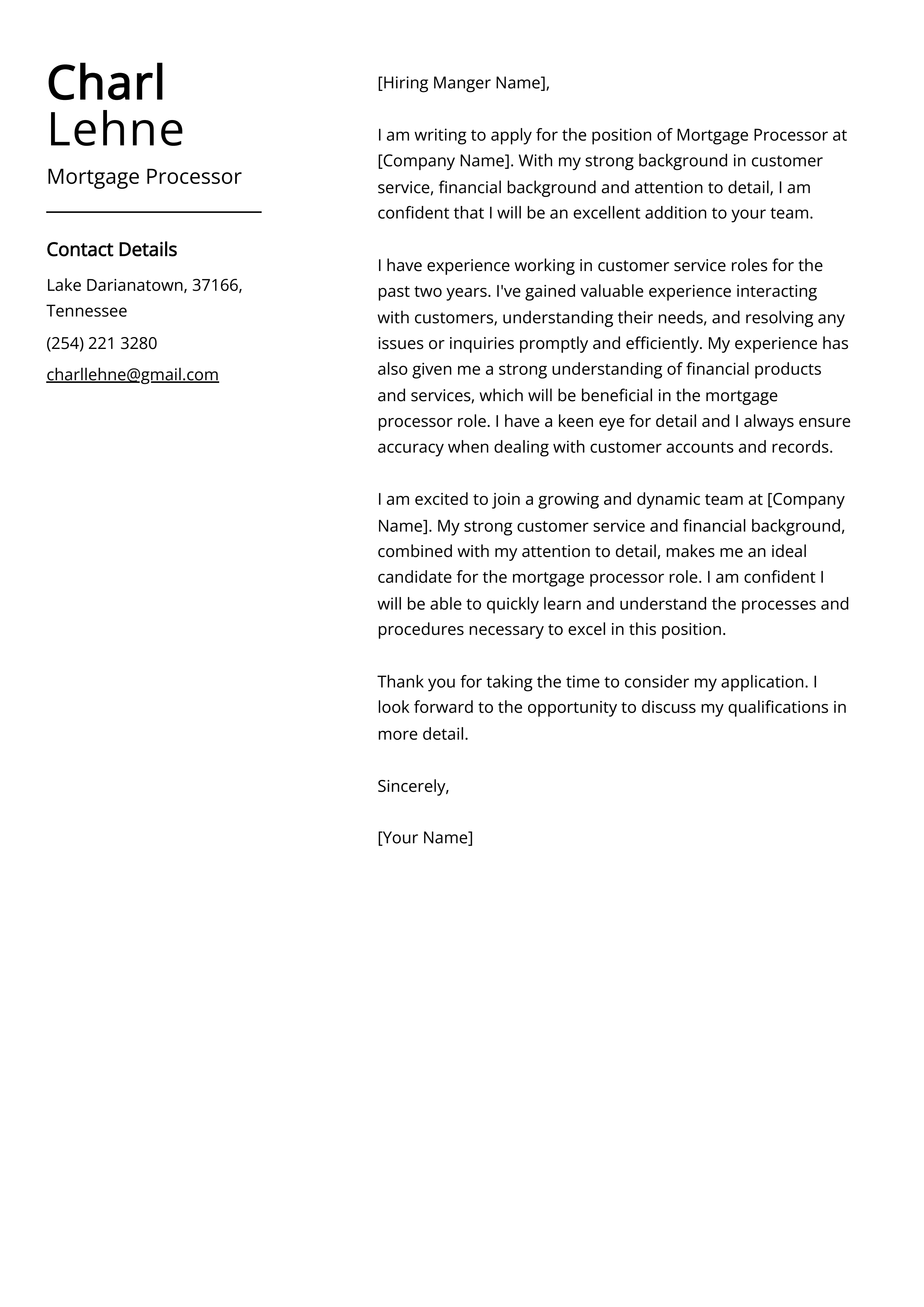 Mortgage Processor Cover Letter Example