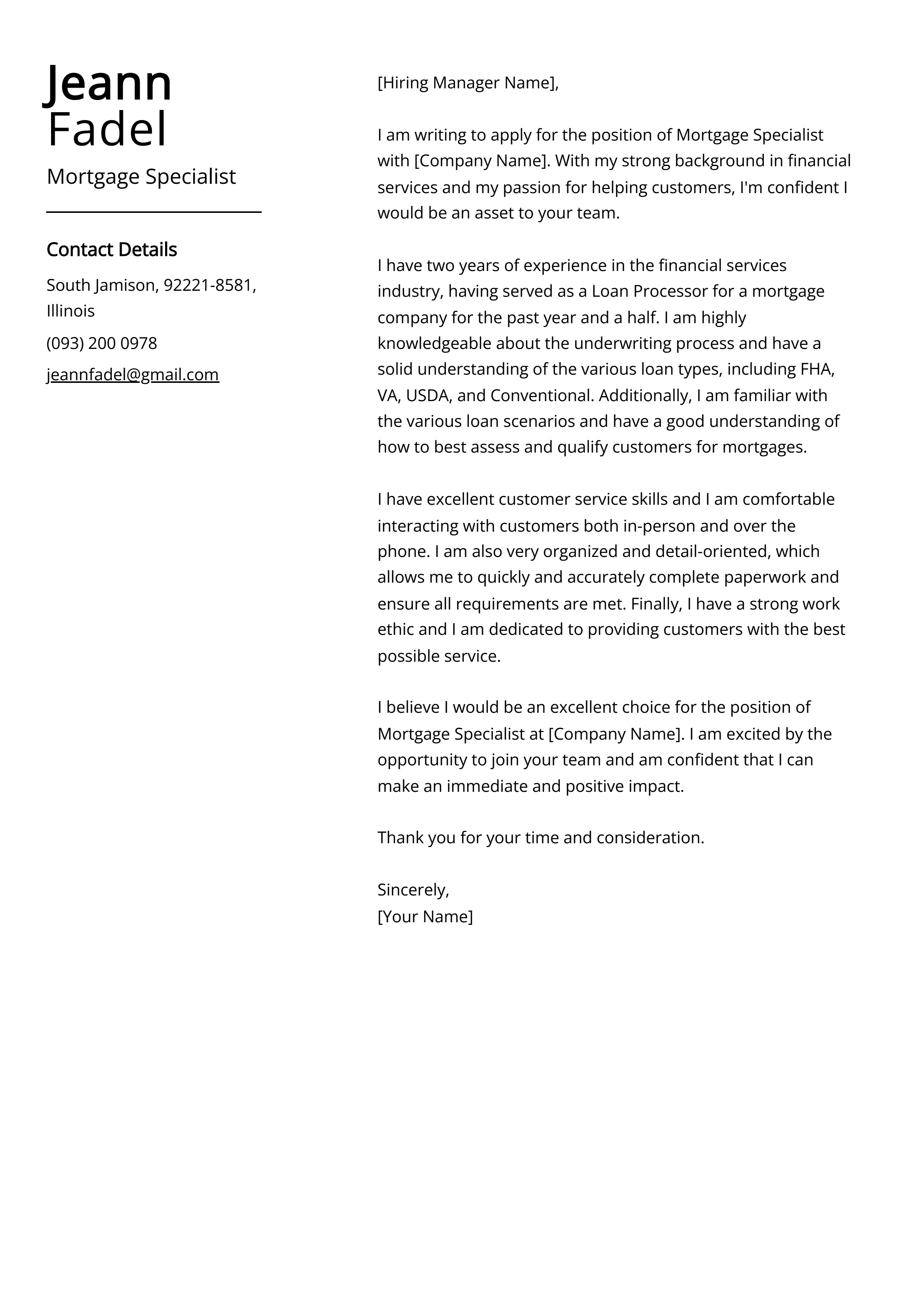 Mortgage Specialist Cover Letter Example