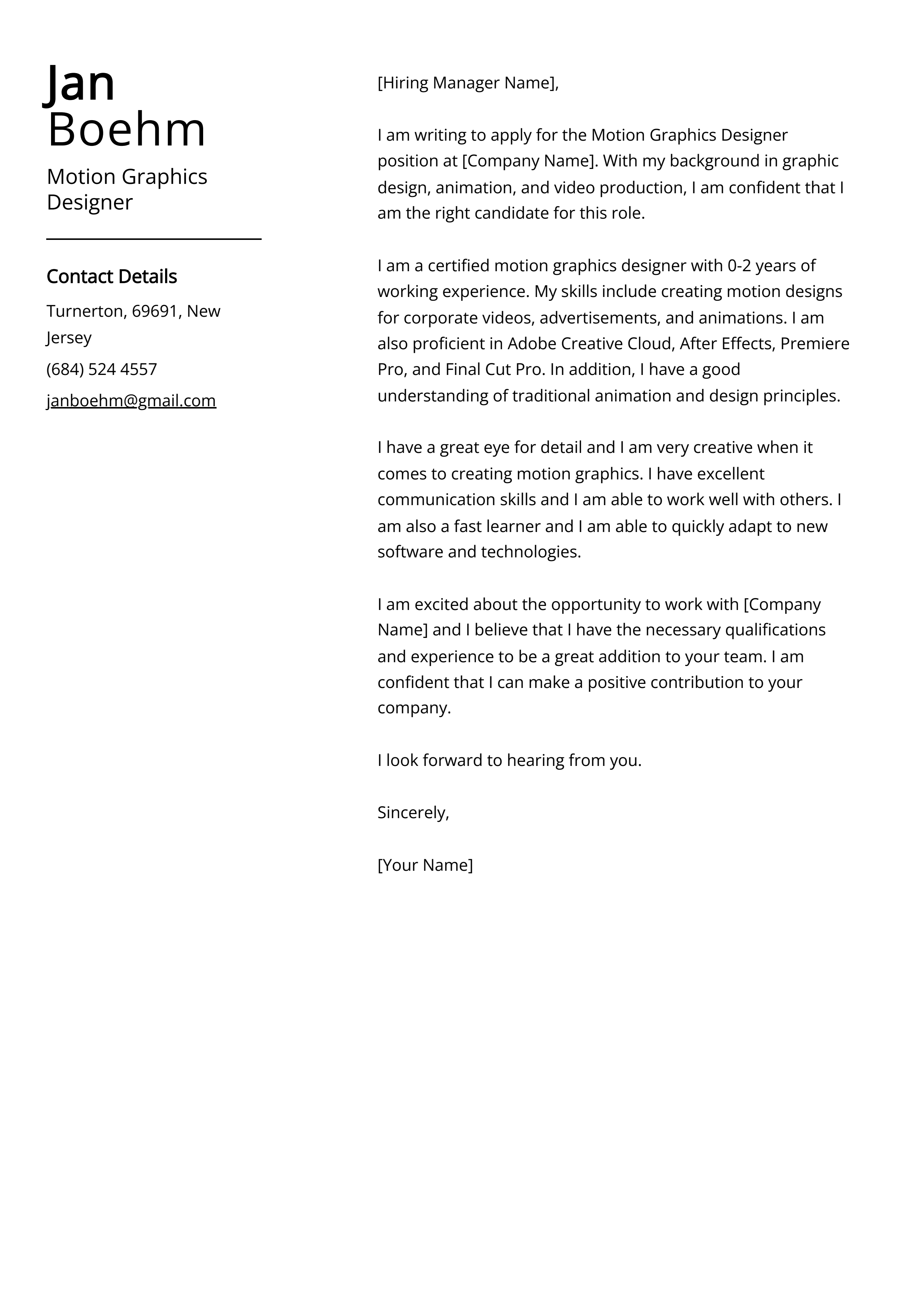 Motion Graphics Designer Cover Letter Example