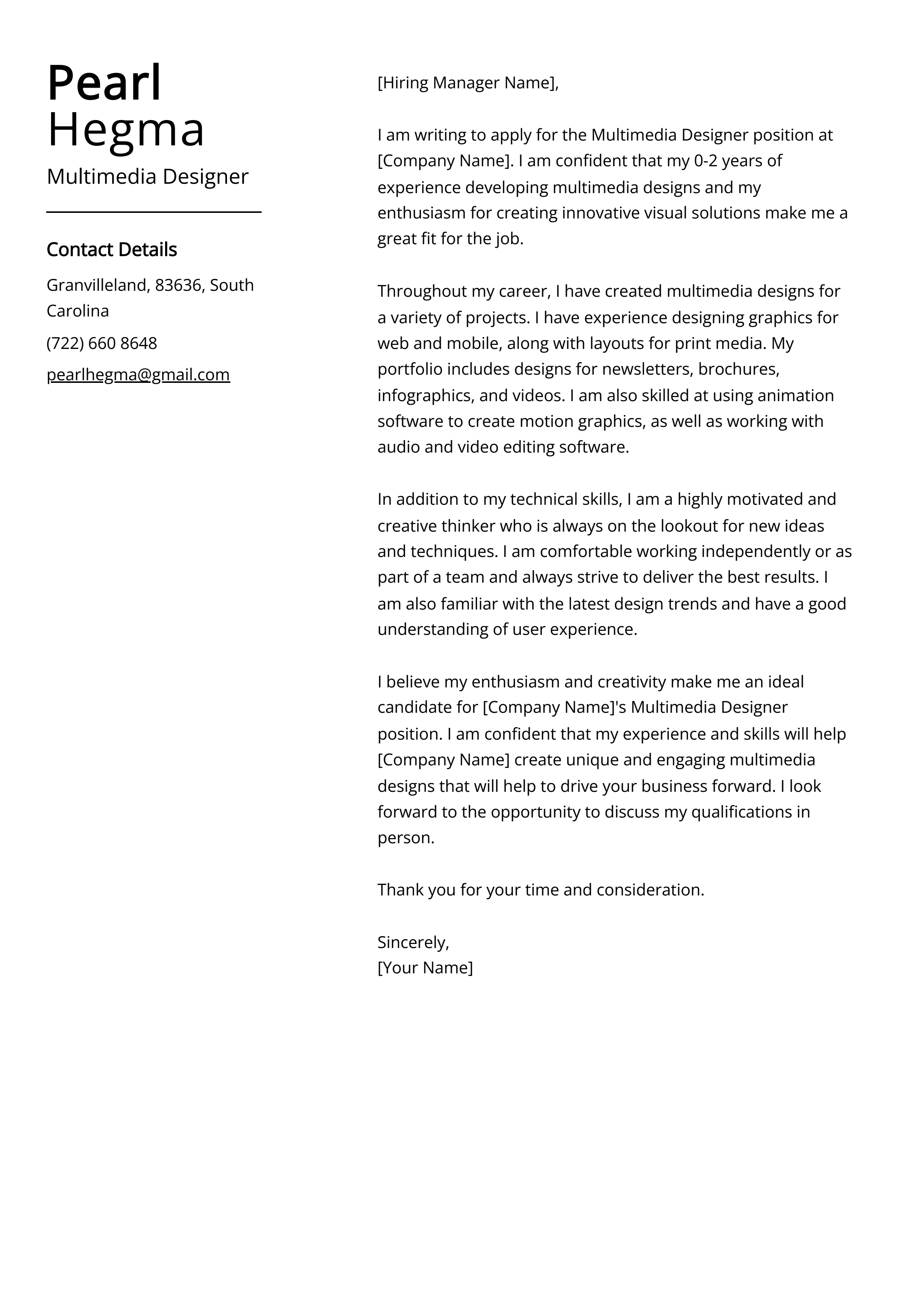 Multimedia Designer Cover Letter Example