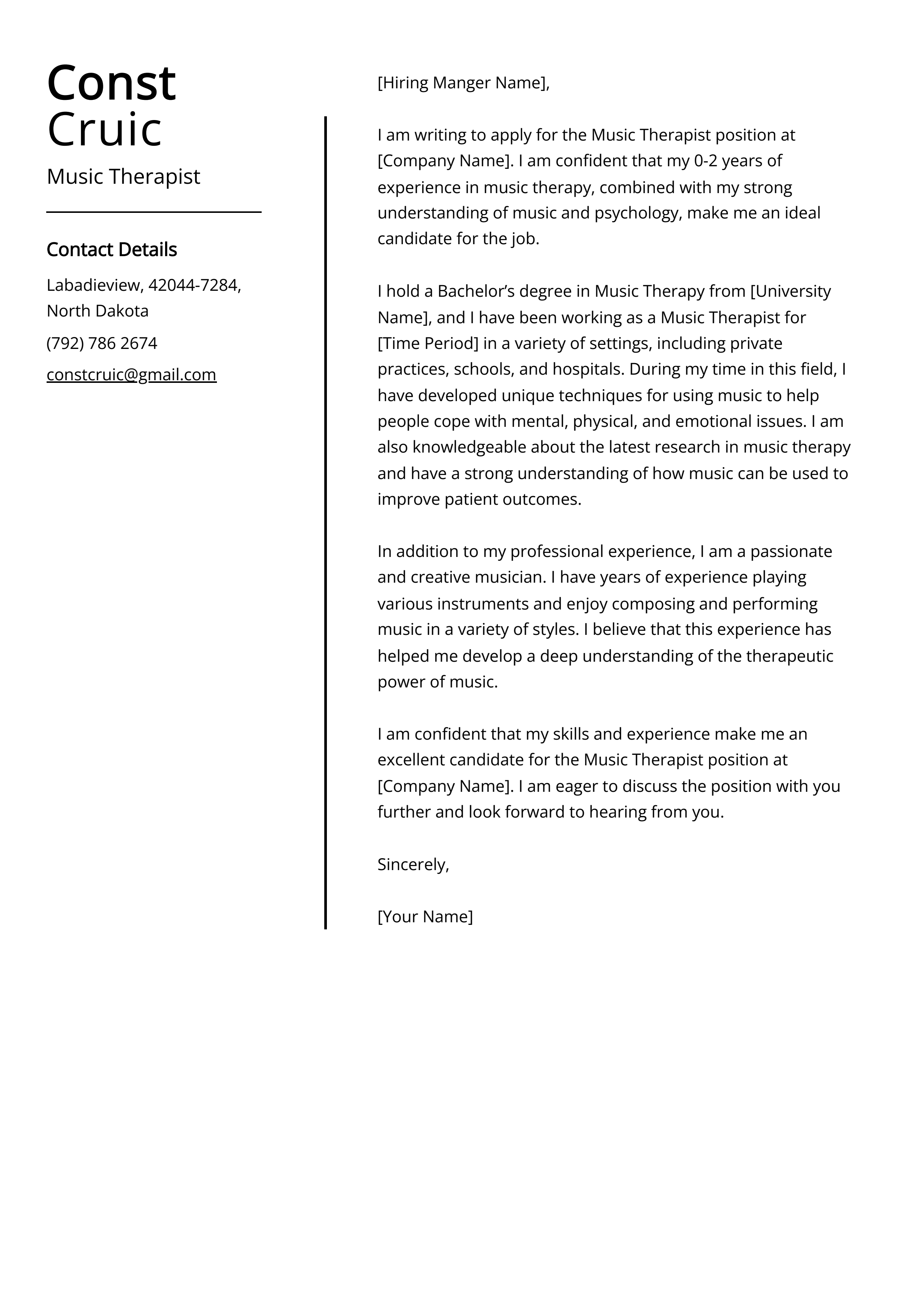 Music Therapist Cover Letter Example