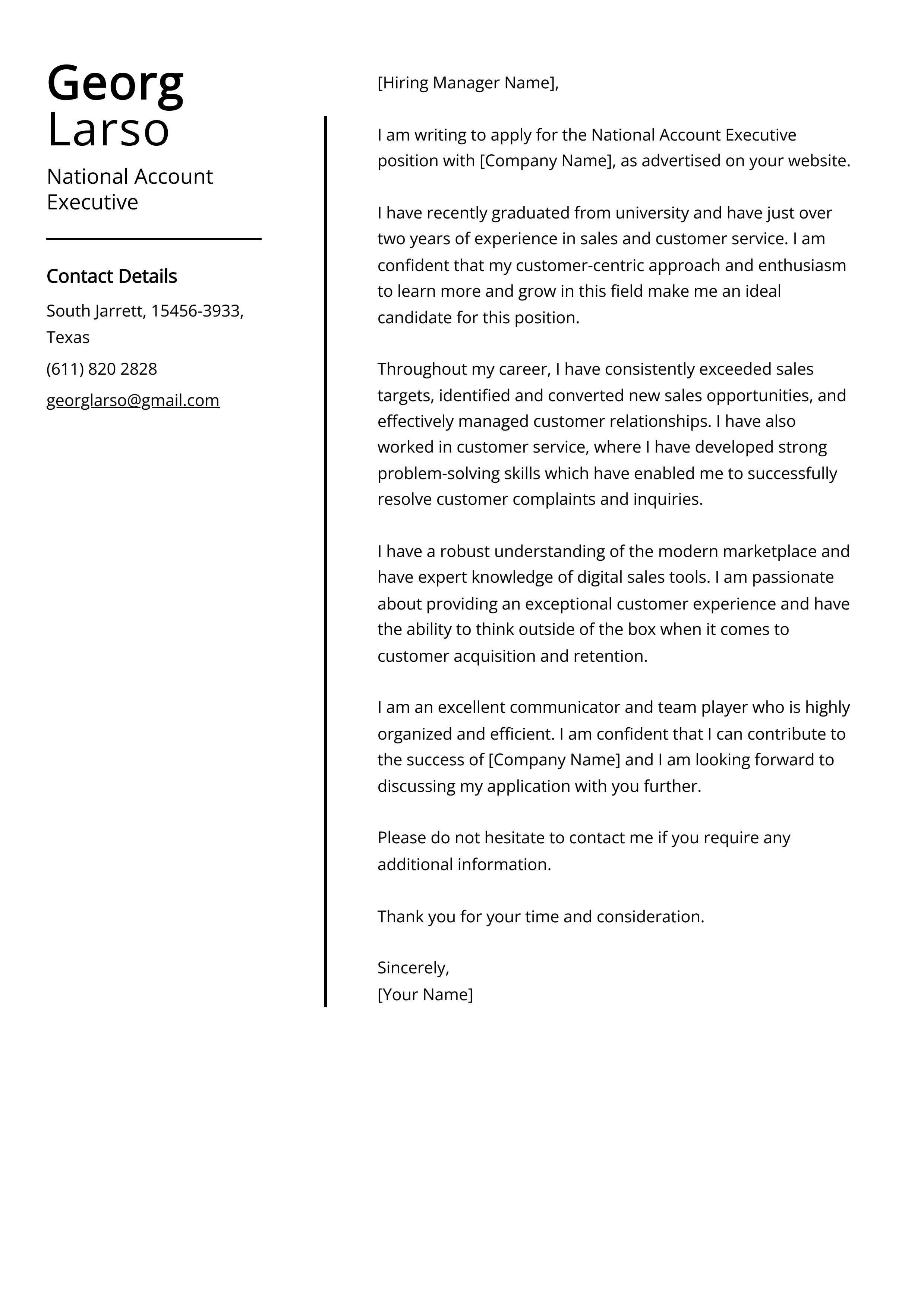National Account Executive Cover Letter Example