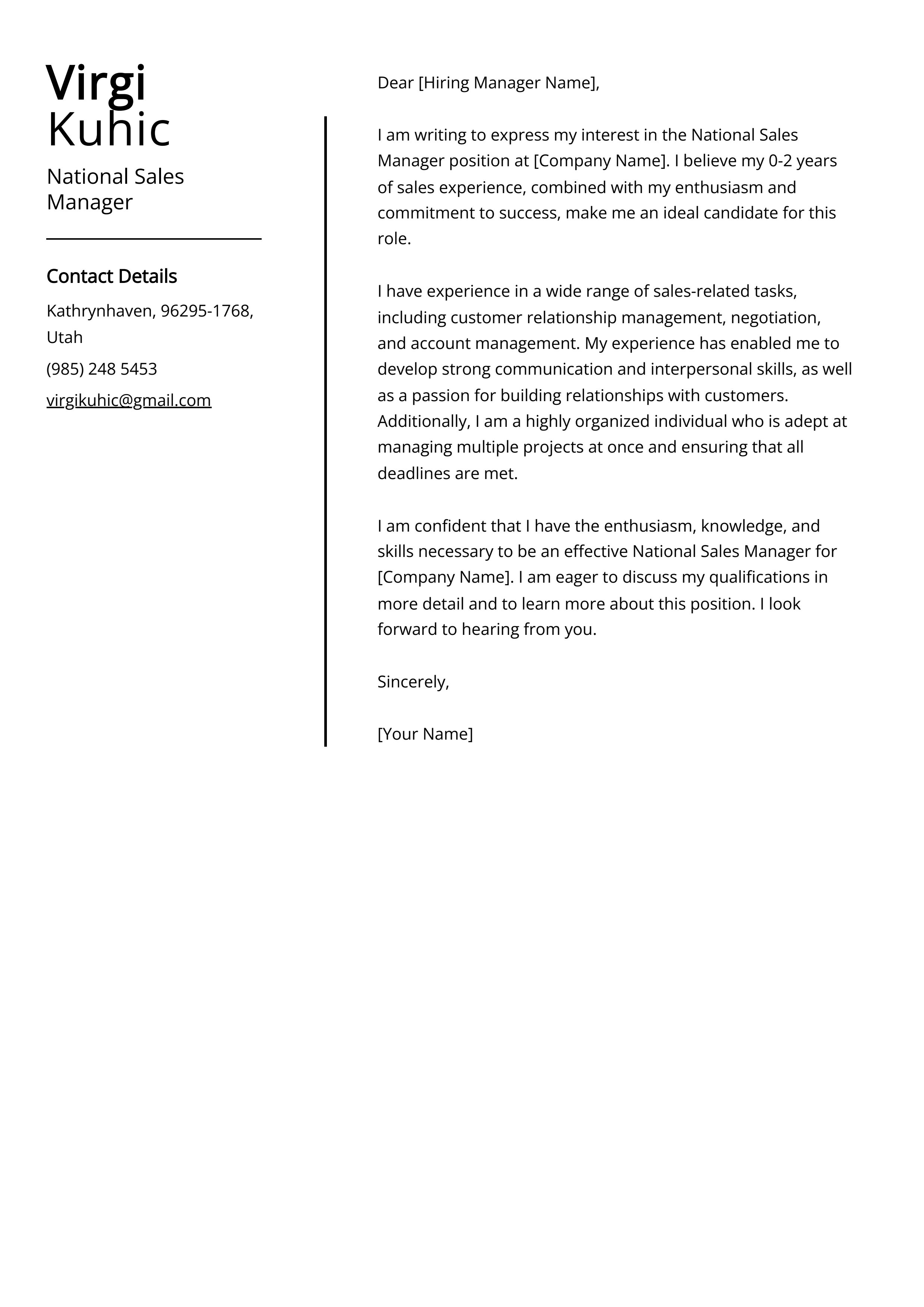 National Sales Manager Cover Letter Example