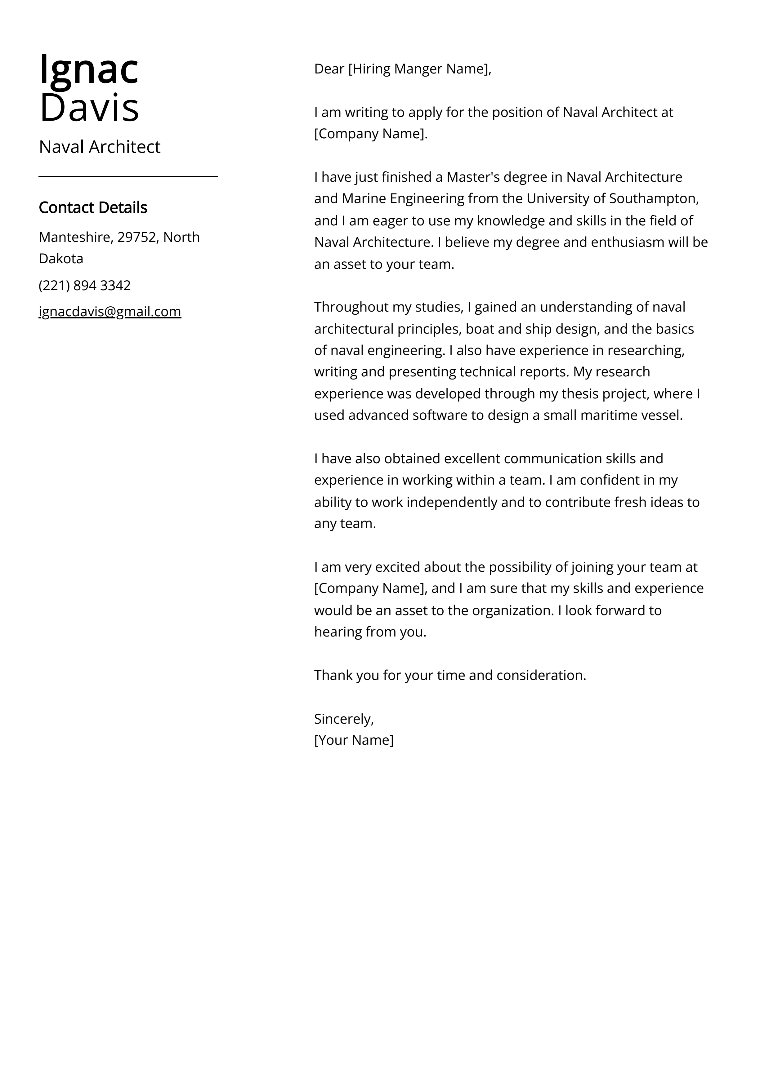 Naval Architect Cover Letter Example