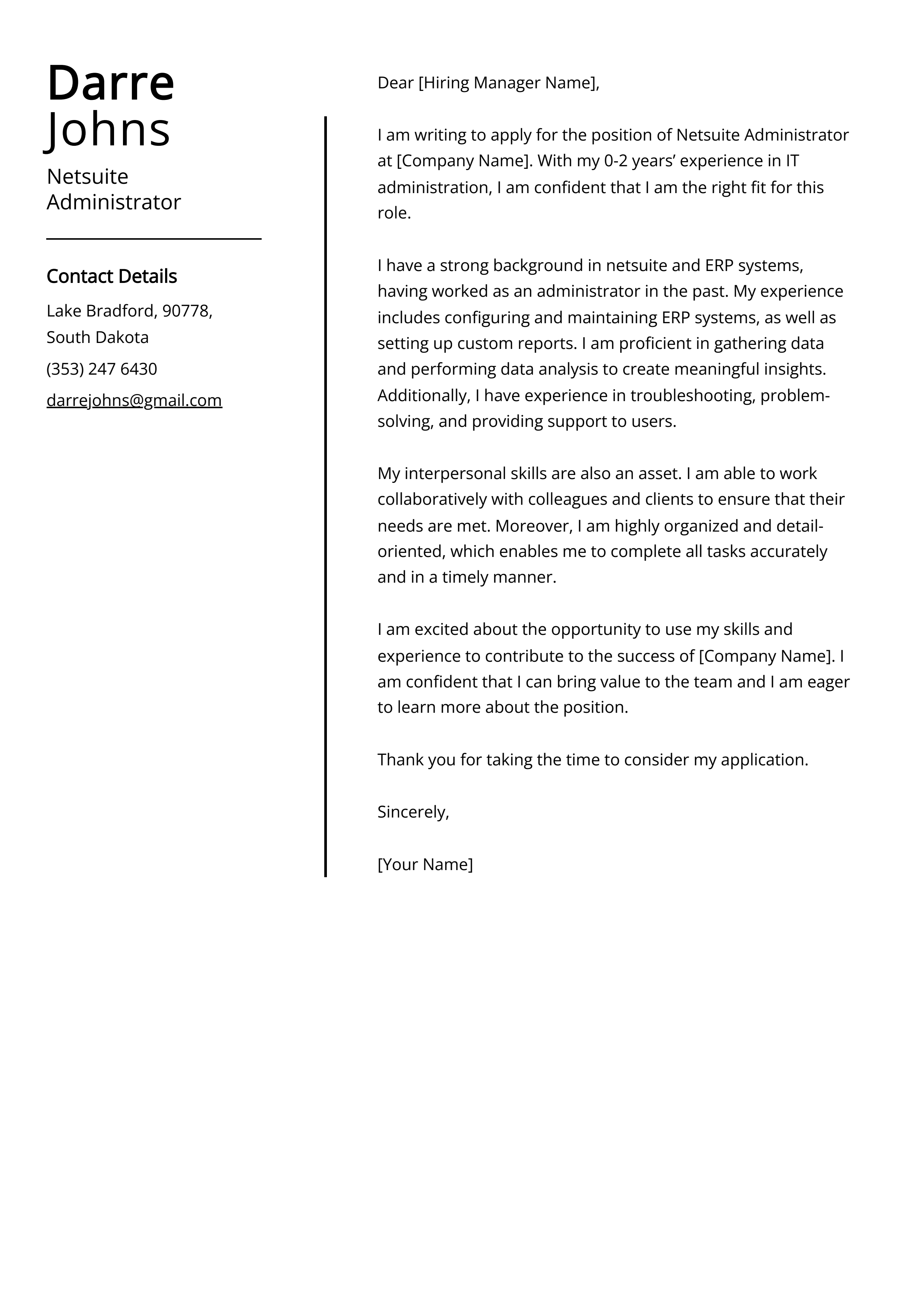 Netsuite Administrator Cover Letter Example