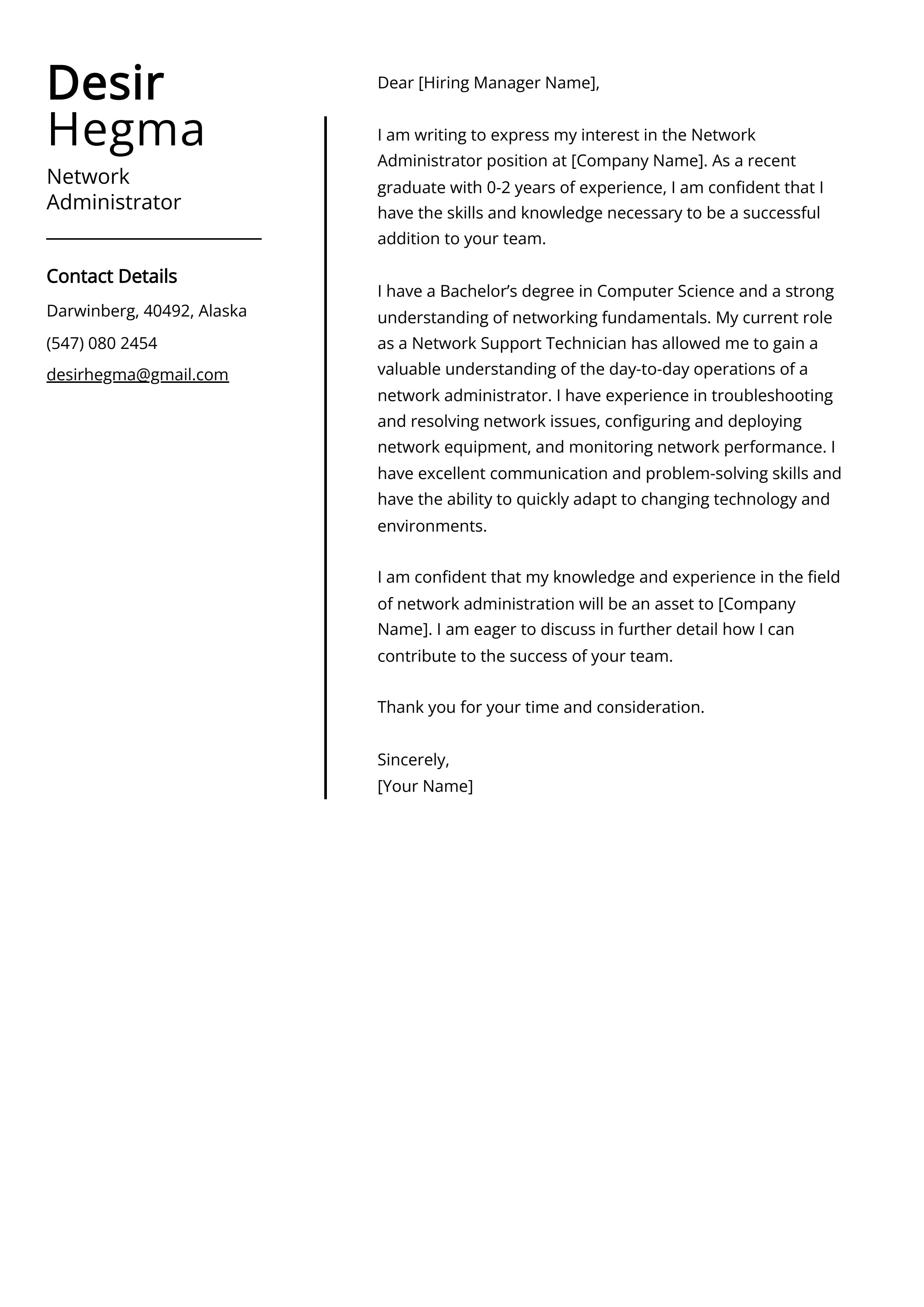 Network Administrator Cover Letter Example