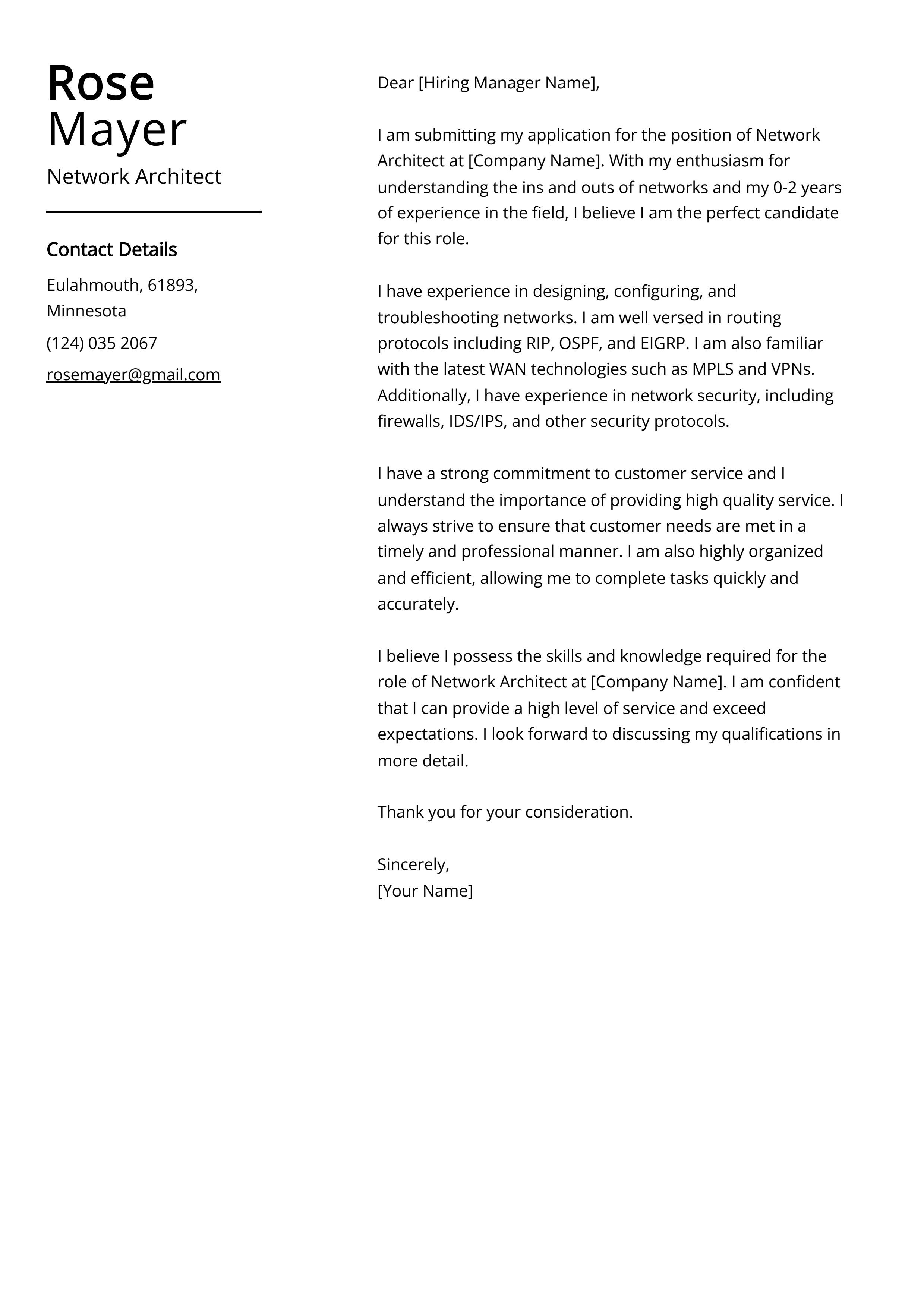 Network Architect Cover Letter Example