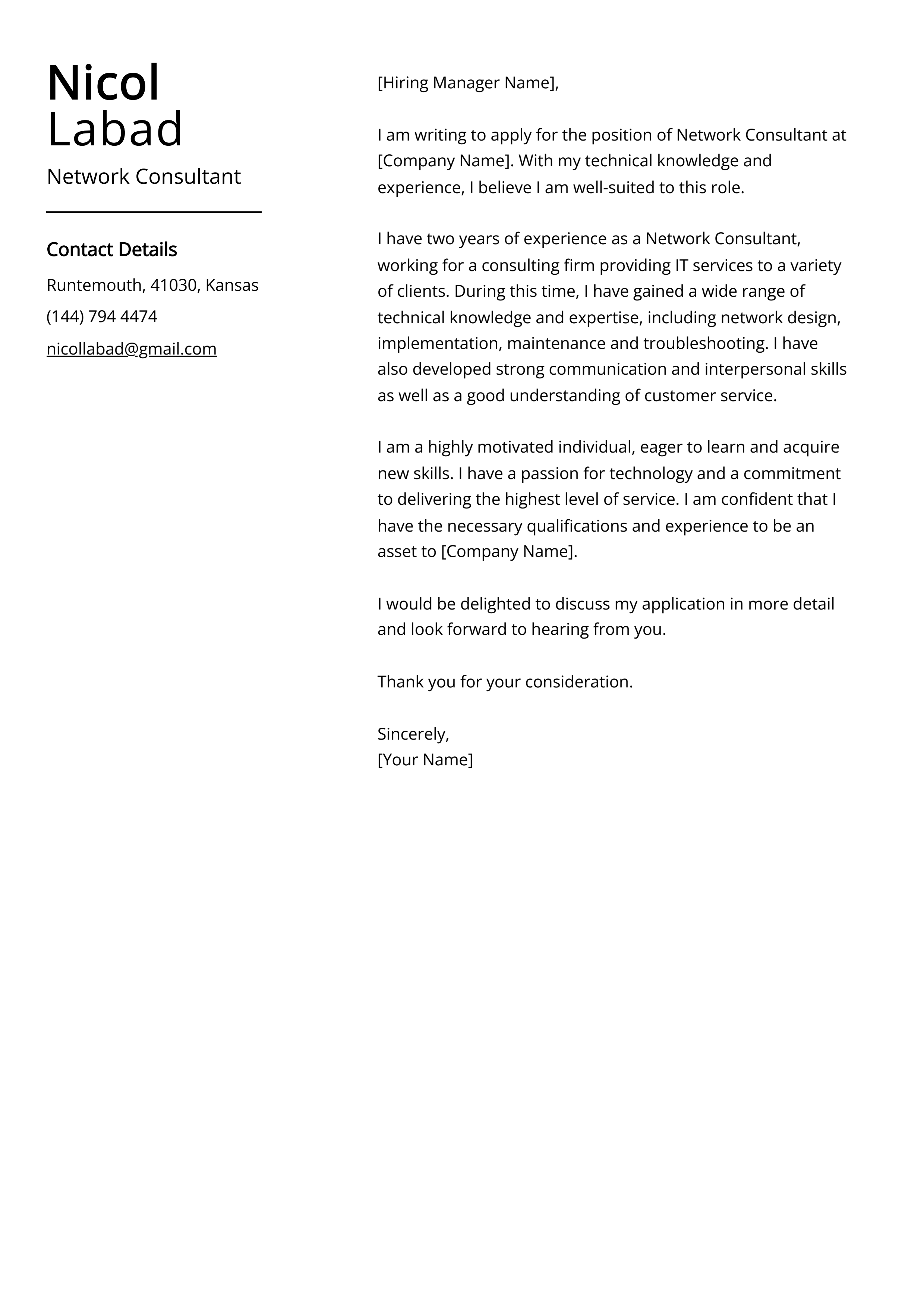 Network Consultant Cover Letter Example