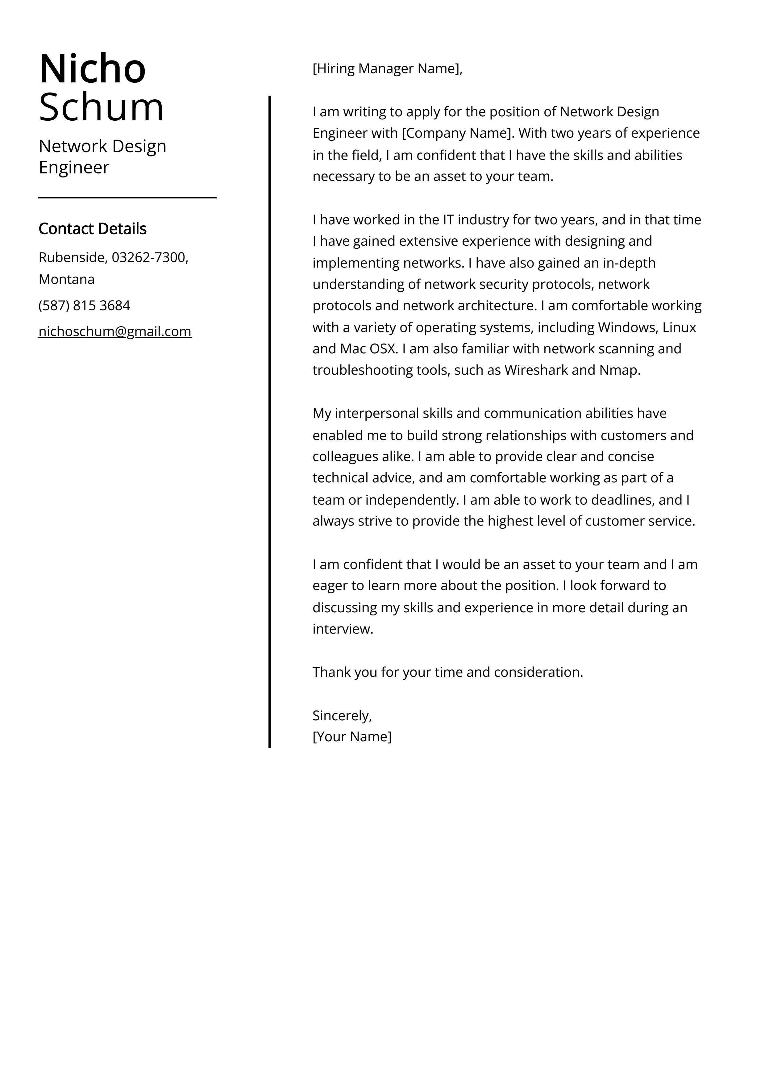 Network Design Engineer Cover Letter Example