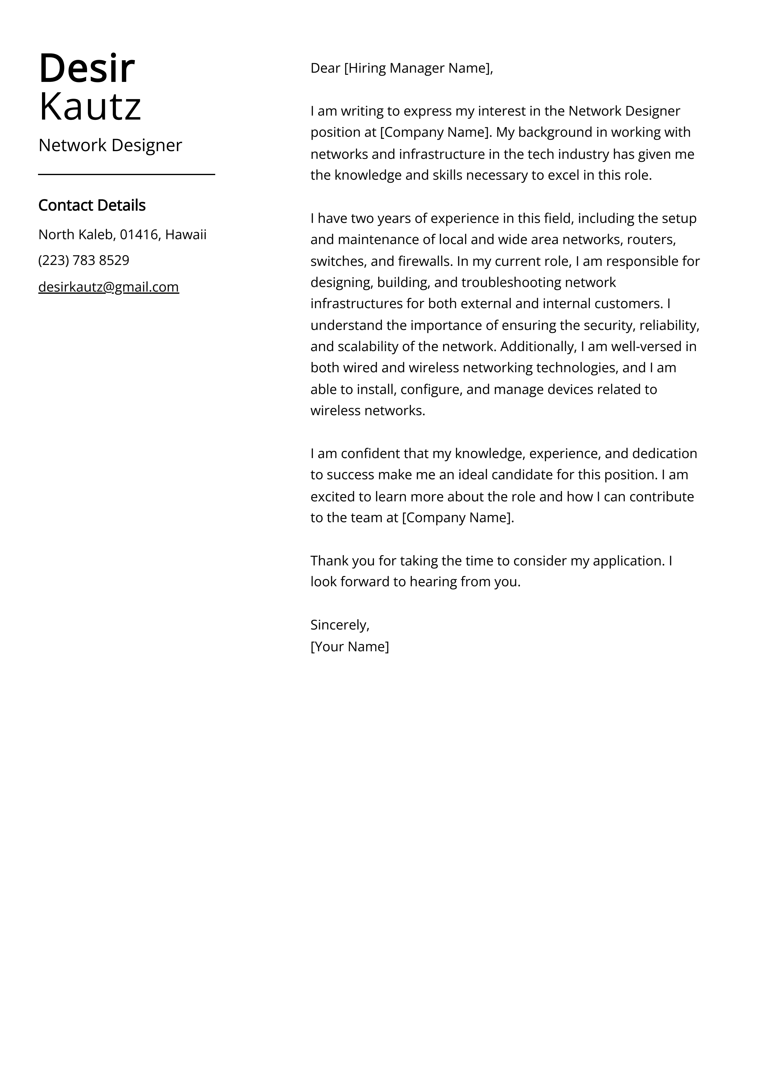 Network Designer Cover Letter Example