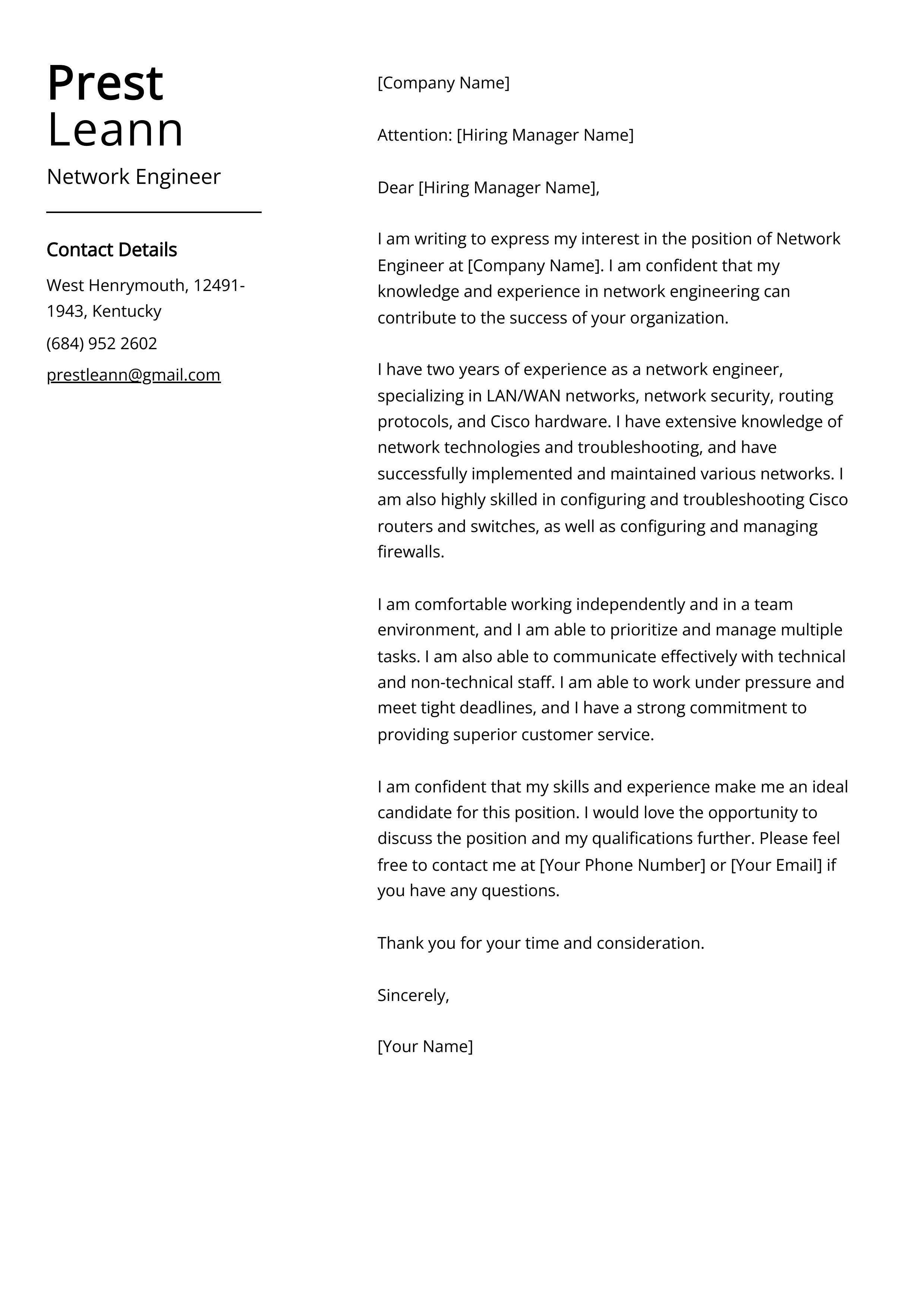 Network Engineer Cover Letter Example