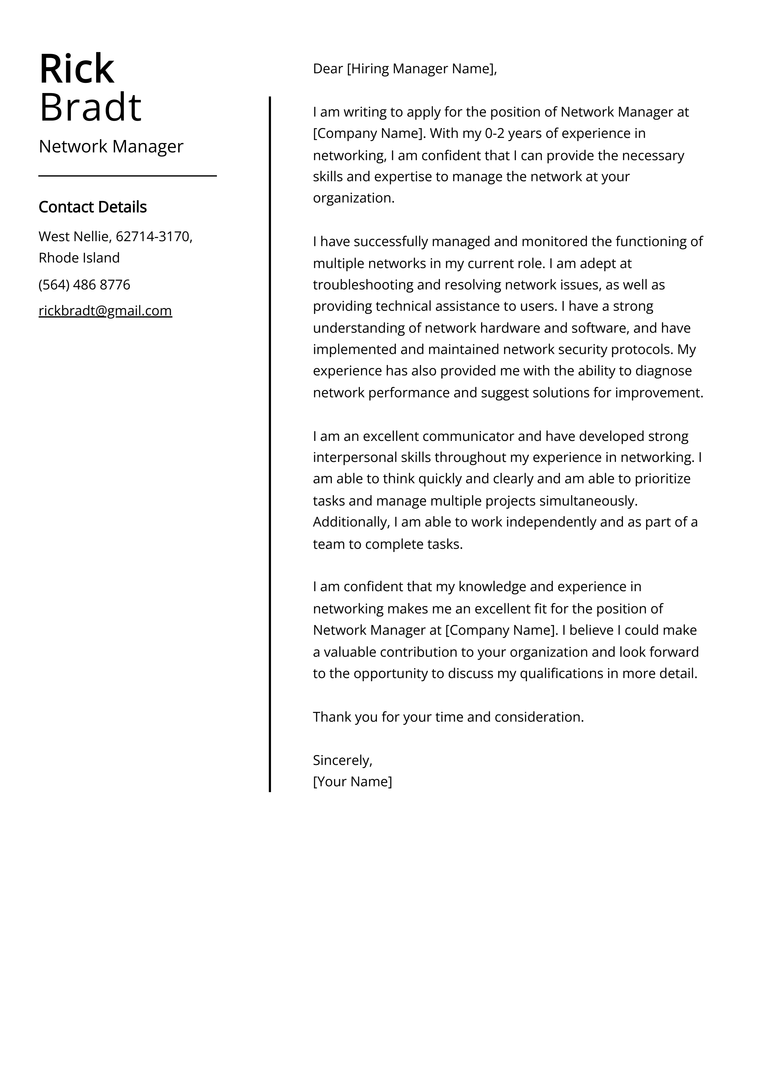 Network Manager Cover Letter Example